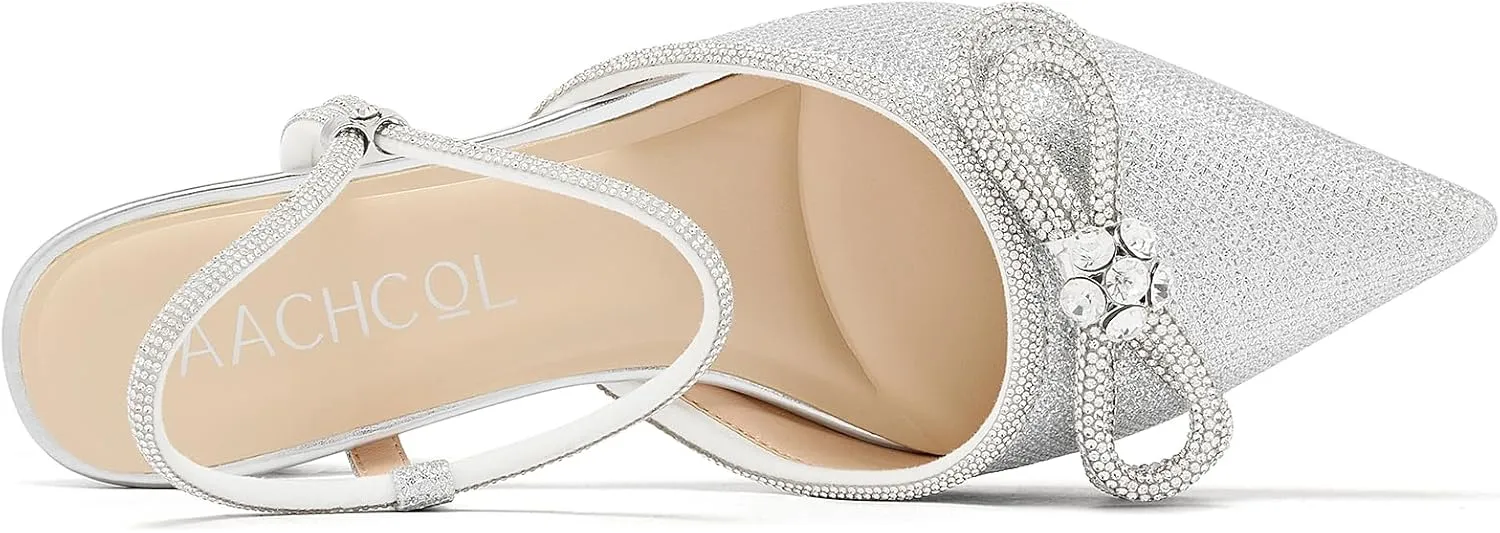 Aachcol Womens Close Toe Rhinestone Bow Kitten Heels Pointed Toe Low Heel Bow Pumps Adjustable Ankle Strap Bridal Prom Wedding Dress Shoes