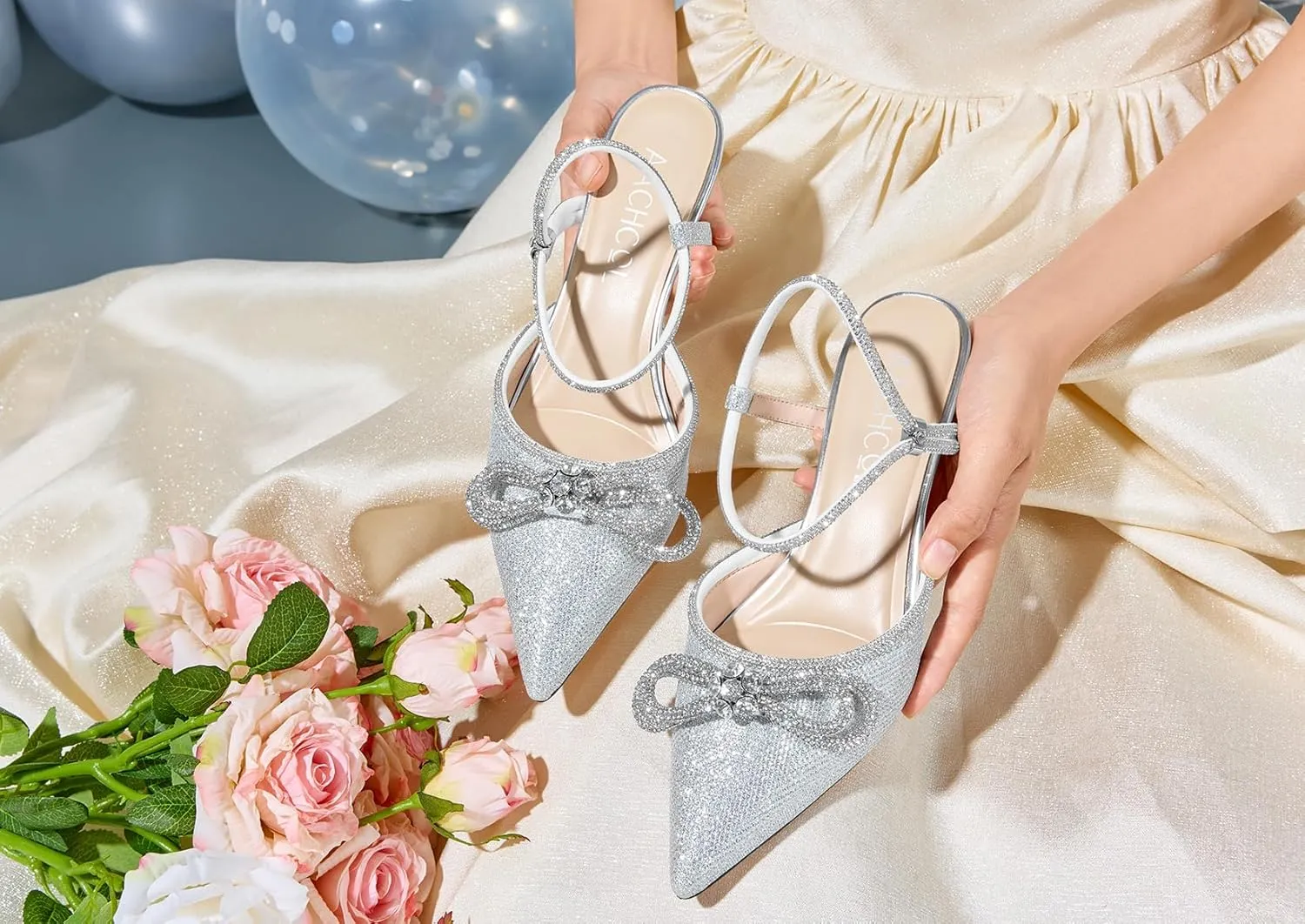Aachcol Womens Close Toe Rhinestone Bow Kitten Heels Pointed Toe Low Heel Bow Pumps Adjustable Ankle Strap Bridal Prom Wedding Dress Shoes