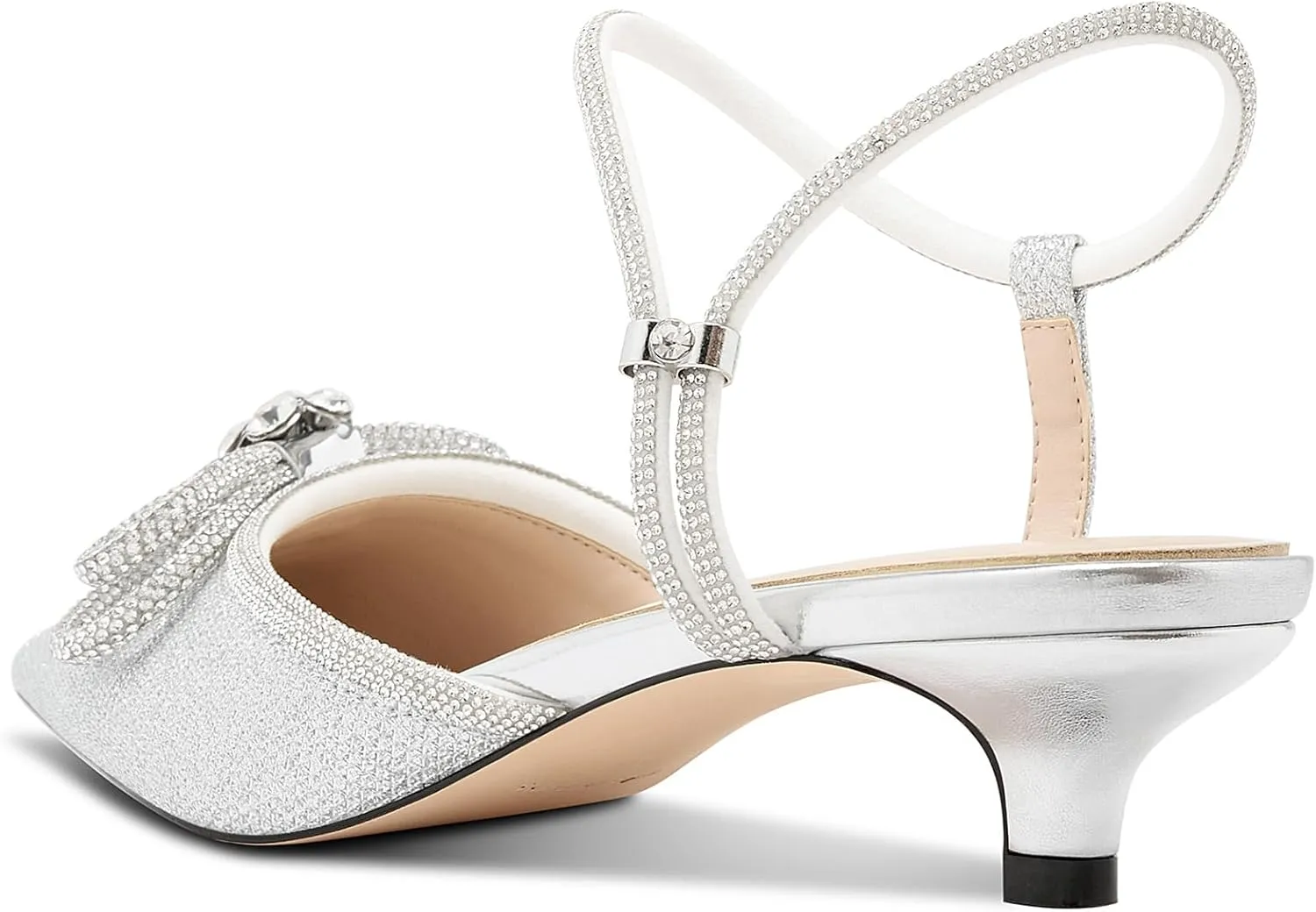 Aachcol Womens Close Toe Rhinestone Bow Kitten Heels Pointed Toe Low Heel Bow Pumps Adjustable Ankle Strap Bridal Prom Wedding Dress Shoes