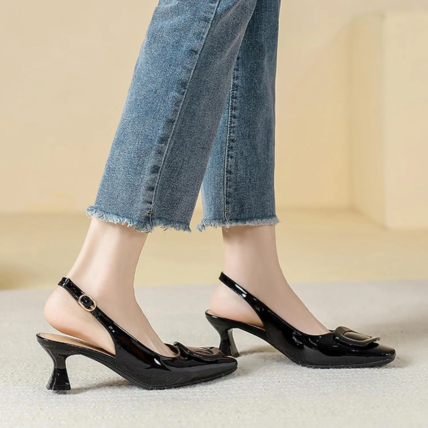 Aceptolcom Women's Slingback Kitten Low Heels Pumps Closed Square Toe Wedding Work Dress Shoes