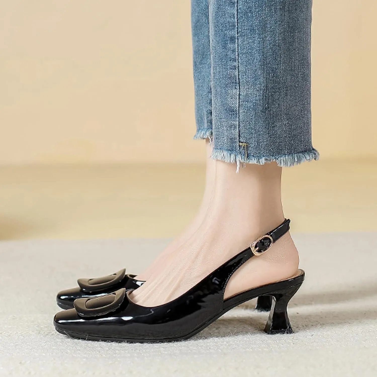 Aceptolcom Women's Slingback Kitten Low Heels Pumps Closed Square Toe Wedding Work Dress Shoes