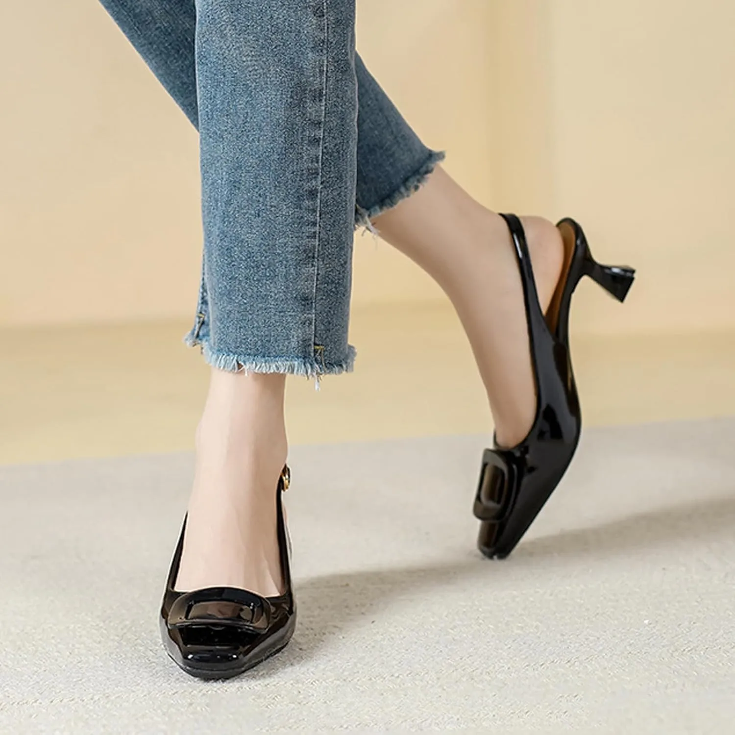 Aceptolcom Women's Slingback Kitten Low Heels Pumps Closed Square Toe Wedding Work Dress Shoes