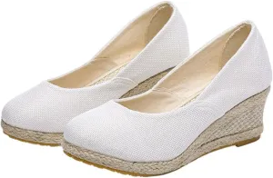 Canvas Espadrille Wedges Closed Toe Wedges for Women Wide Width Kamilla Wedge Espadrilles Sandal Pumps Low Chunky Rounded Toe Heels Elegant Wedges Working Shoes