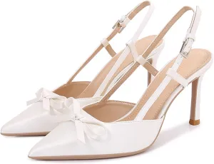 Cozivwaiy Women Slingback Pumps Wedding Heels White Closed Pointed Toe Heeled Sandals Pearl Stiletto Pumps Elegant Heels Detachable Bow