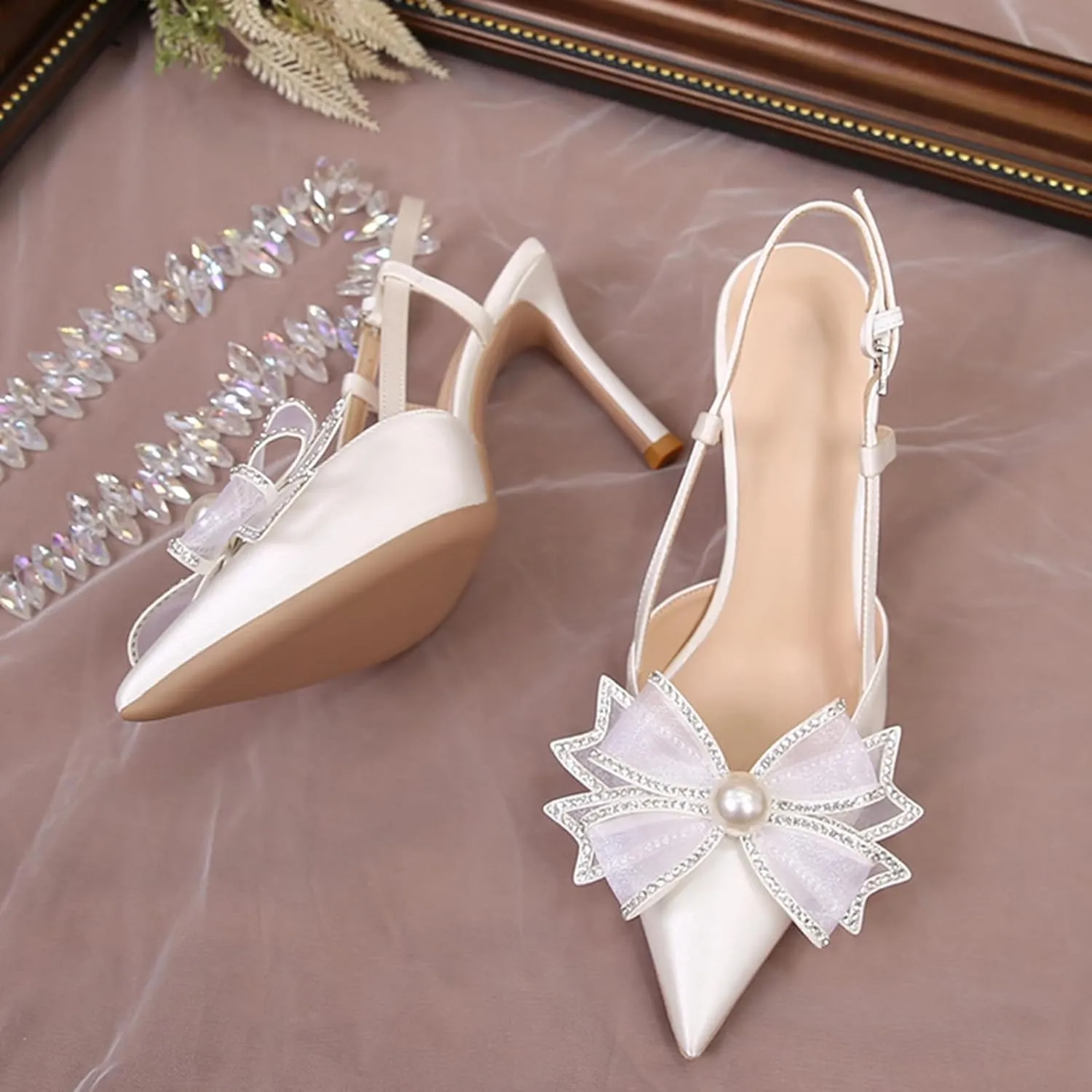 Cozivwaiy Women Slingback Pumps Wedding Heels White Closed Pointed Toe Heeled Sandals Pearl Stiletto Pumps Elegant Heels Detachable Bow