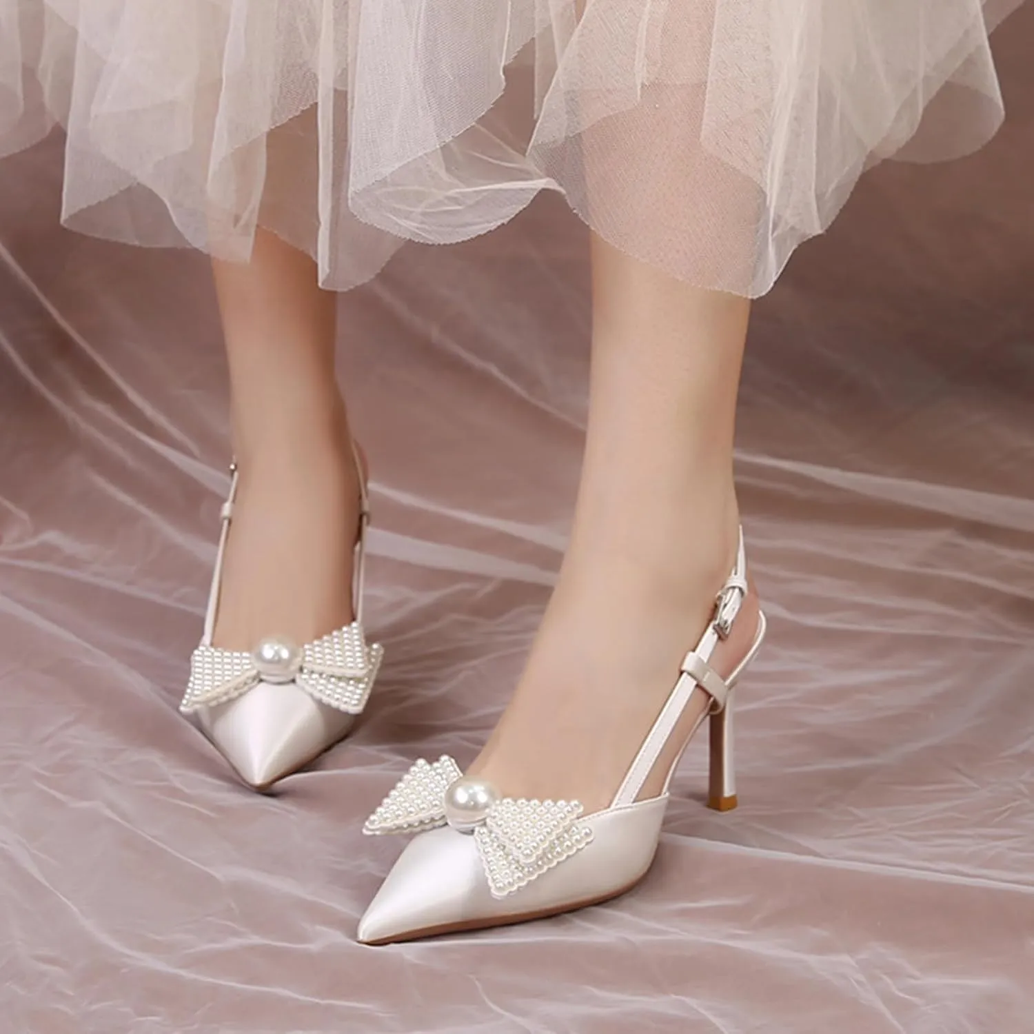 Cozivwaiy Women Slingback Pumps Wedding Heels White Closed Pointed Toe Heeled Sandals Pearl Stiletto Pumps Elegant Heels Detachable Bow