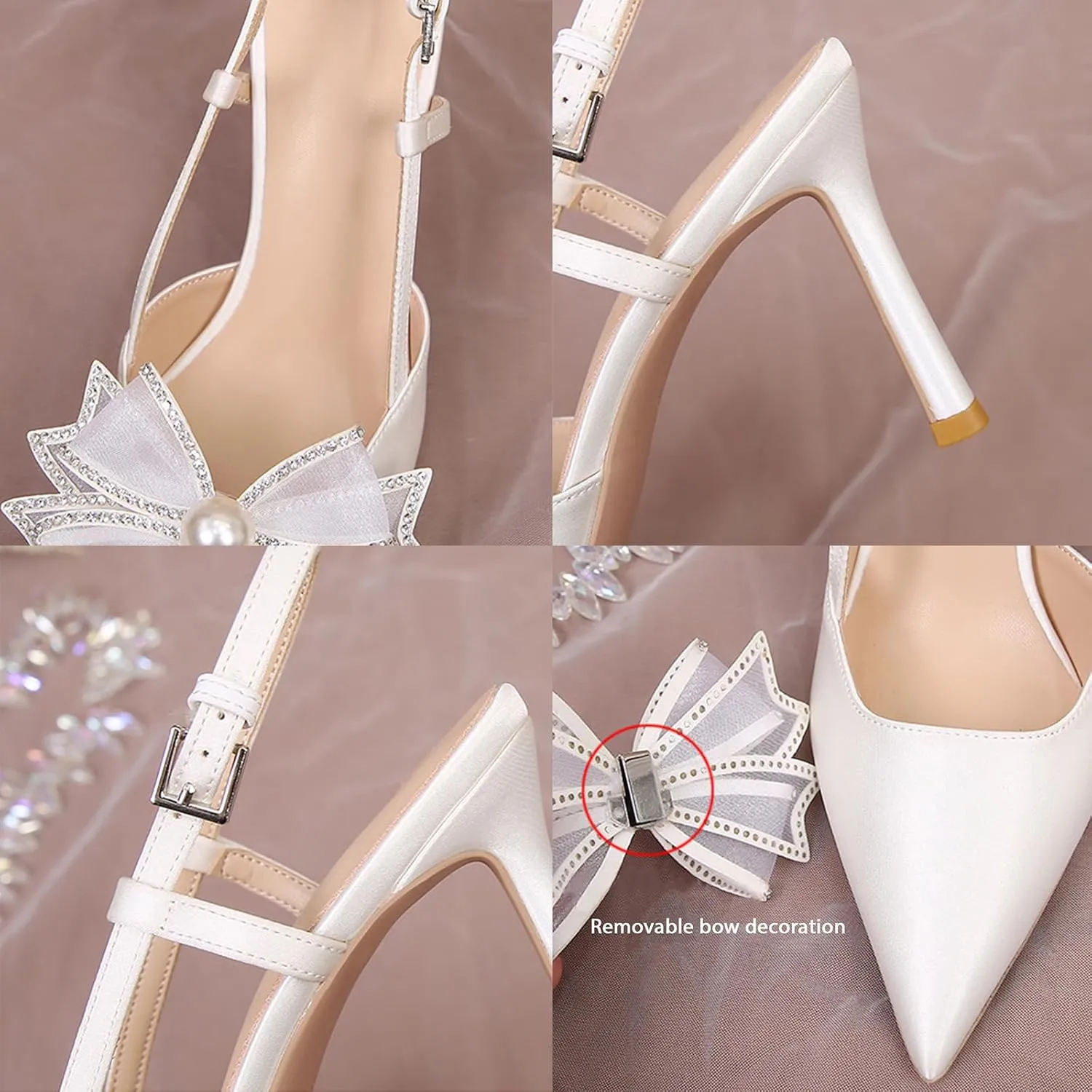 Cozivwaiy Women Slingback Pumps Wedding Heels White Closed Pointed Toe Heeled Sandals Pearl Stiletto Pumps Elegant Heels Detachable Bow