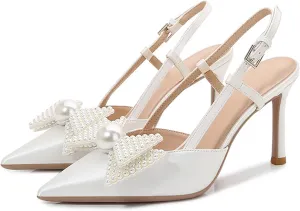 Cozivwaiy Women Slingback Pumps Wedding Heels White Closed Pointed Toe Heeled Sandals Pearl Stiletto Pumps Elegant Heels Detachable Bow