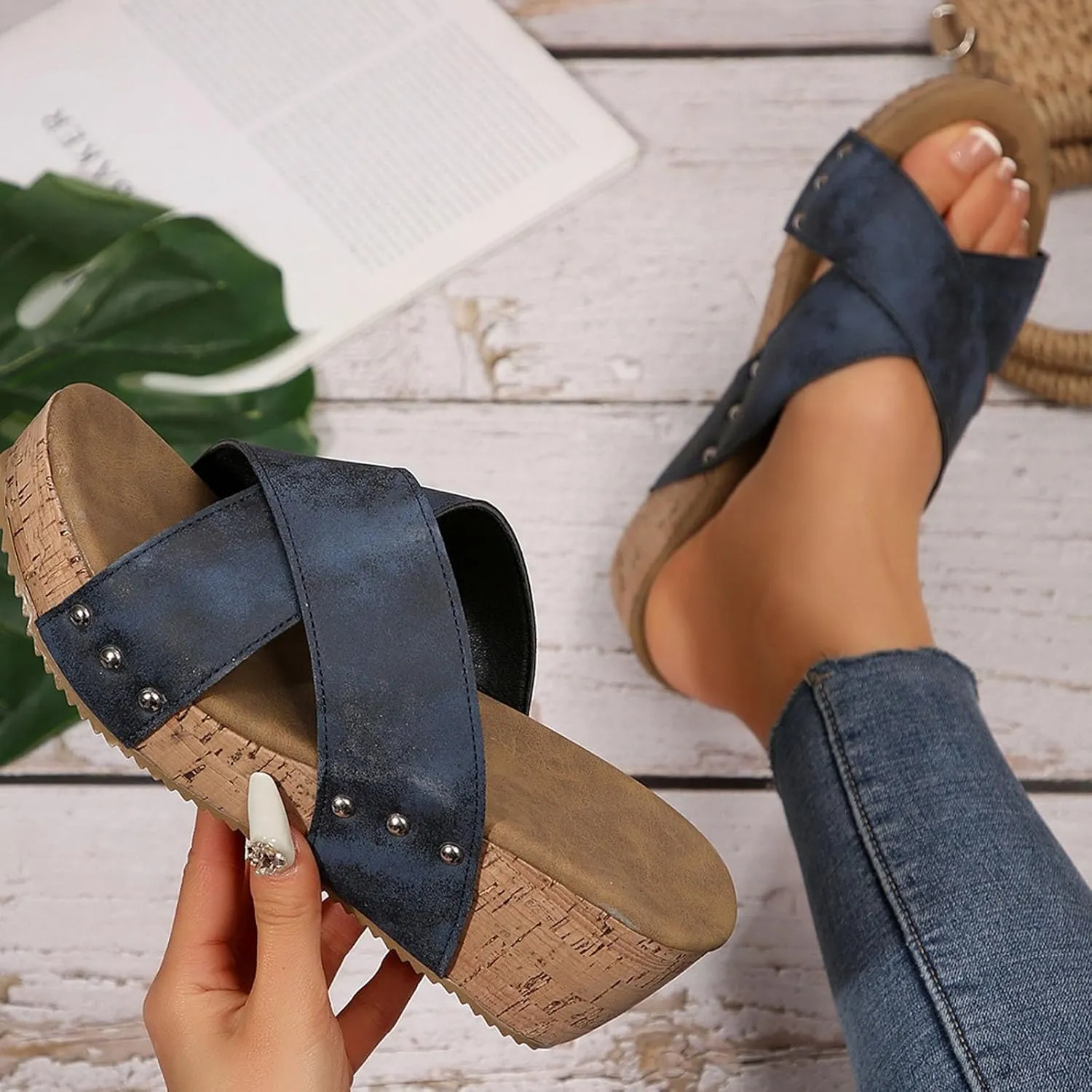 Eduavar Sandals Women Dressy Summer Flat, Sandals Women Fashion Dressy Ring Toe Platform Wedge Sandals Slip On Shoes