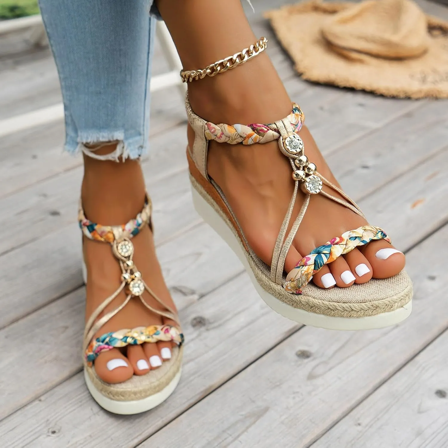 Eduavar Sandals Women Open Toe Buckle Ankle Strap Espadrilles Flatform Wedge Casual Sandal for Dressy Casual Summers Beach
