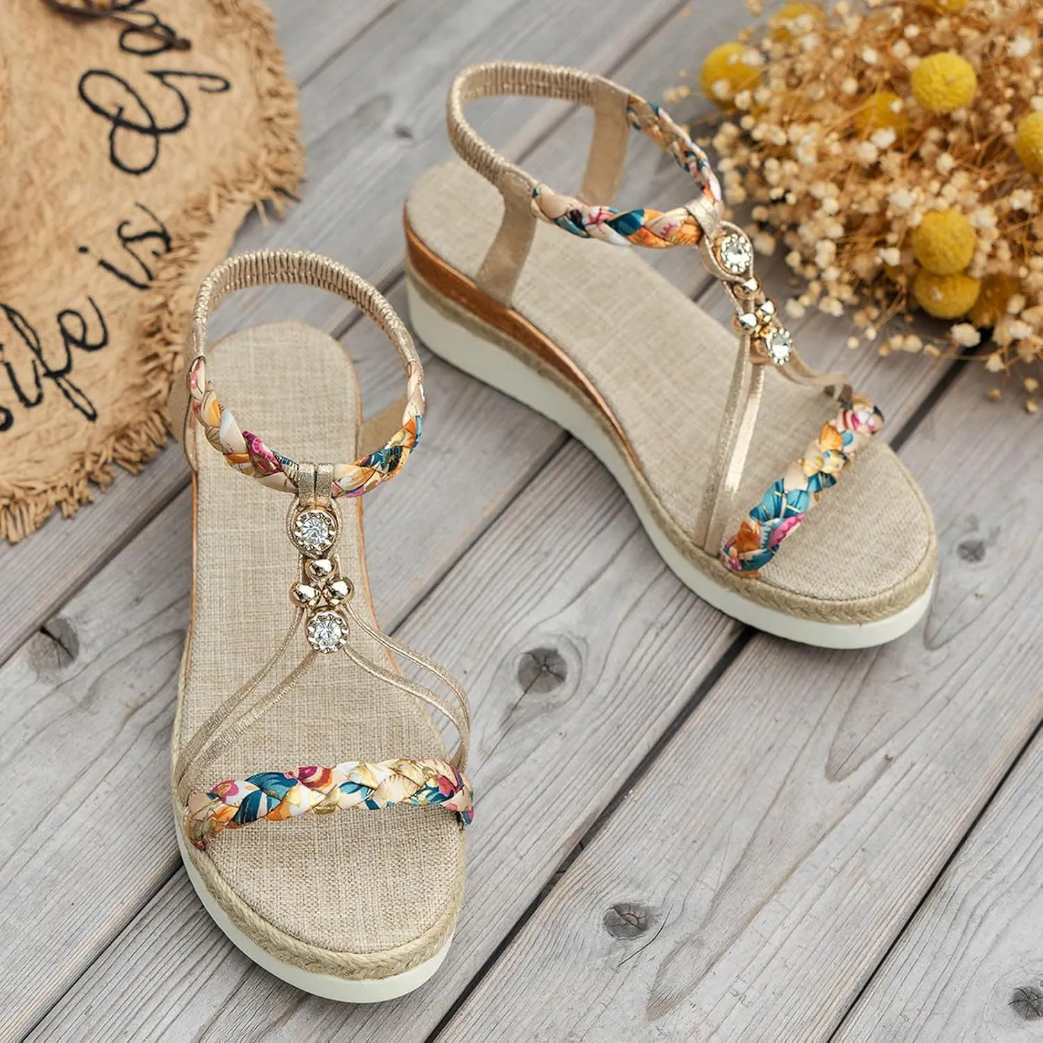 Eduavar Sandals Women Open Toe Buckle Ankle Strap Espadrilles Flatform Wedge Casual Sandal for Dressy Casual Summers Beach