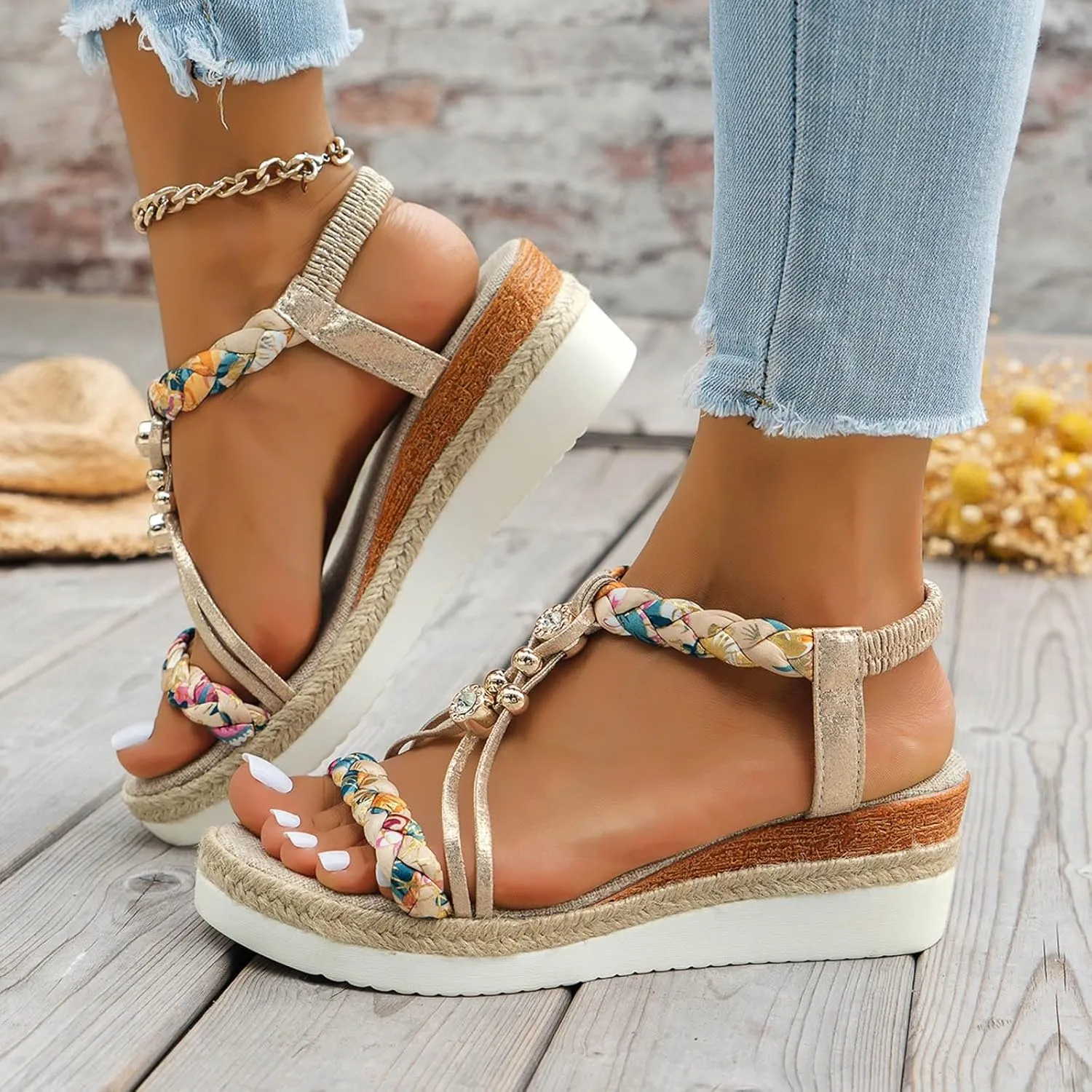Eduavar Sandals Women Open Toe Buckle Ankle Strap Espadrilles Flatform Wedge Casual Sandal for Dressy Casual Summers Beach