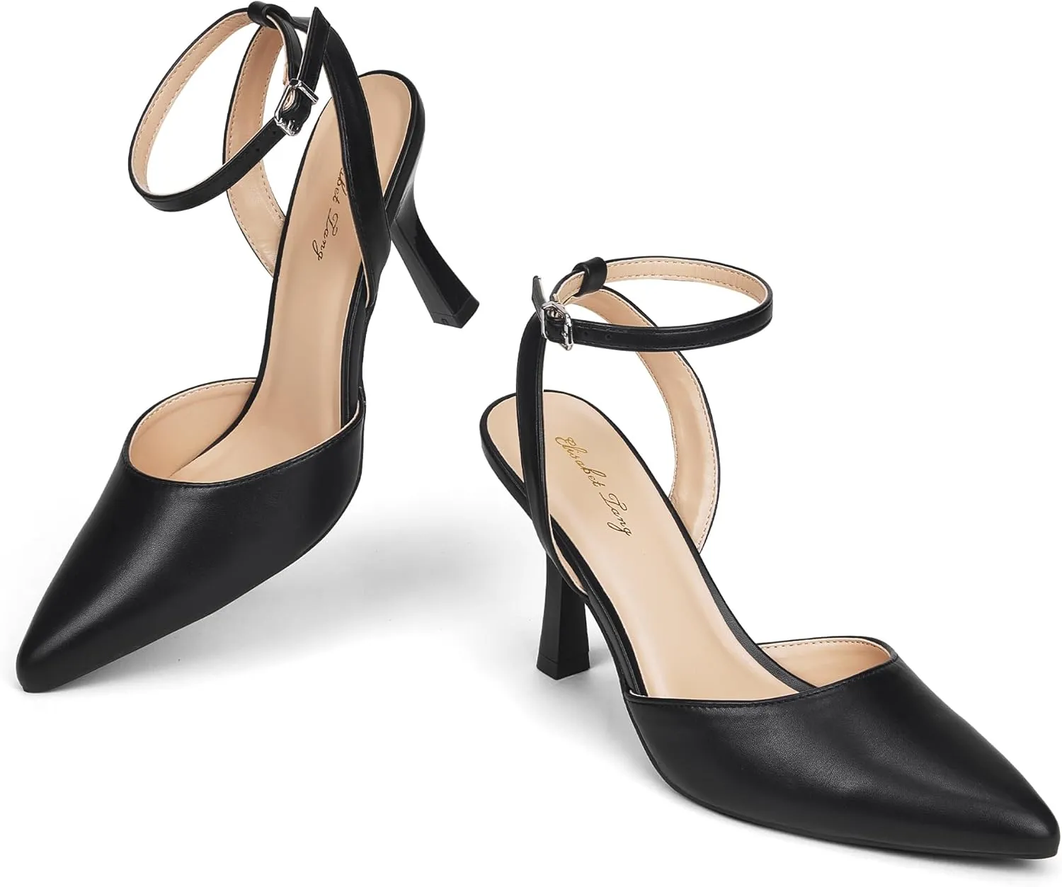 Elisabet Tang 3.42 inch Trendy Ankle Strap Pumps for Women - Sexy Closed Pointed Toe mid Stiletto Heels for Prom Party