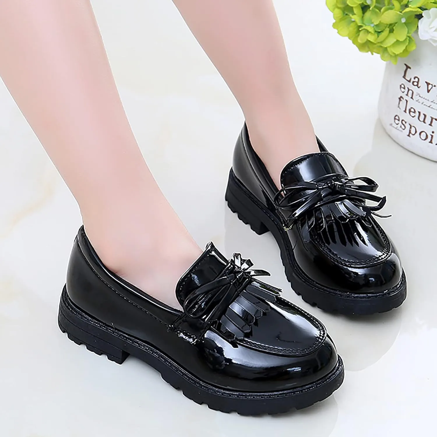 EnJoCho Toddler Running Shoes Girls Slip On Leather Loafer Tassel Bow Flats School Dress Shoes Outdoor For Girls