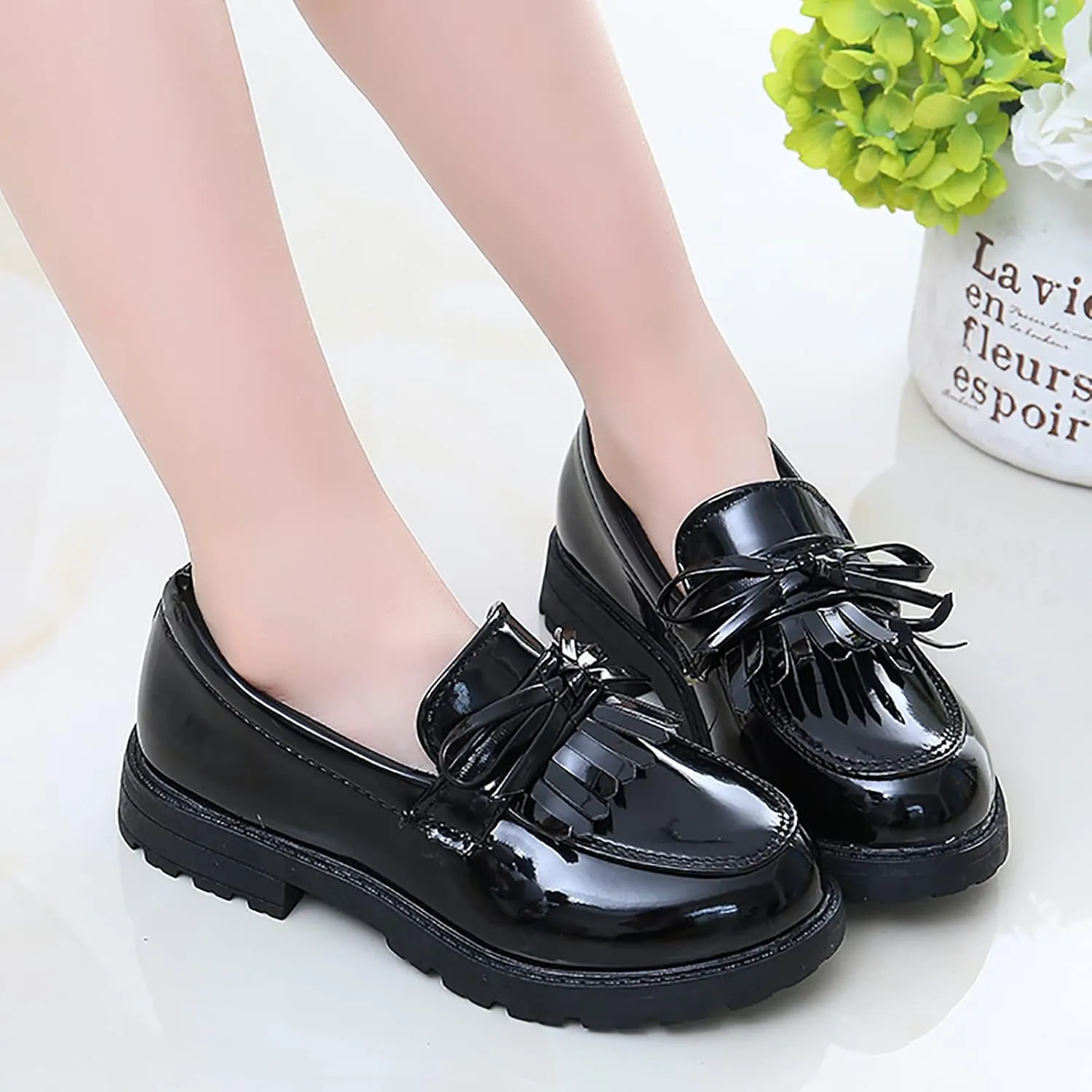 EnJoCho Toddler Running Shoes Girls Slip On Leather Loafer Tassel Bow Flats School Dress Shoes Outdoor For Girls