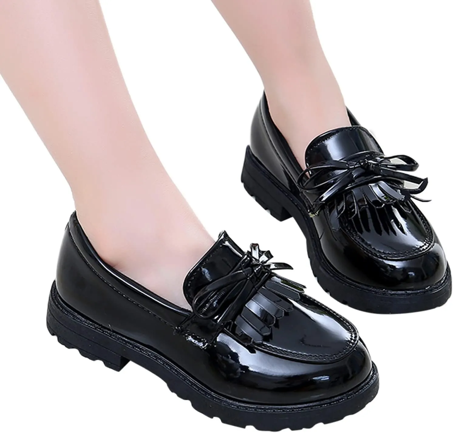 EnJoCho Toddler Running Shoes Girls Slip On Leather Loafer Tassel Bow Flats School Dress Shoes Outdoor For Girls