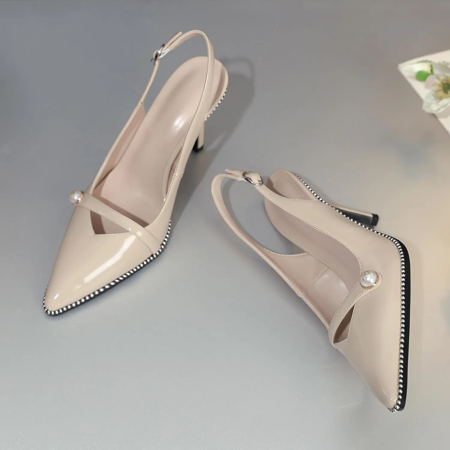 Joseywade Slingback Heels Women's Pointed Toe High Heel Pumps Pearl Beaded Cocktail Night Out Work Dress Shoes 3.5 Inch