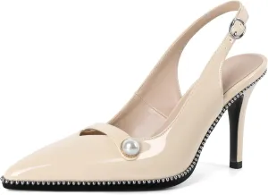 Joseywade Slingback Heels Women's Pointed Toe High Heel Pumps Pearl Beaded Cocktail Night Out Work Dress Shoes 3.5 Inch