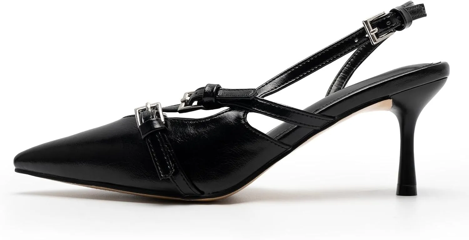 KaroNairy Kitten Heels for Women Pointed Toe Slingback Heels Closed Toe Wedding Dress Pumps with Buckles