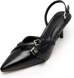 KaroNairy Kitten Heels for Women Pointed Toe Slingback Heels Closed Toe Wedding Dress Pumps with Buckles