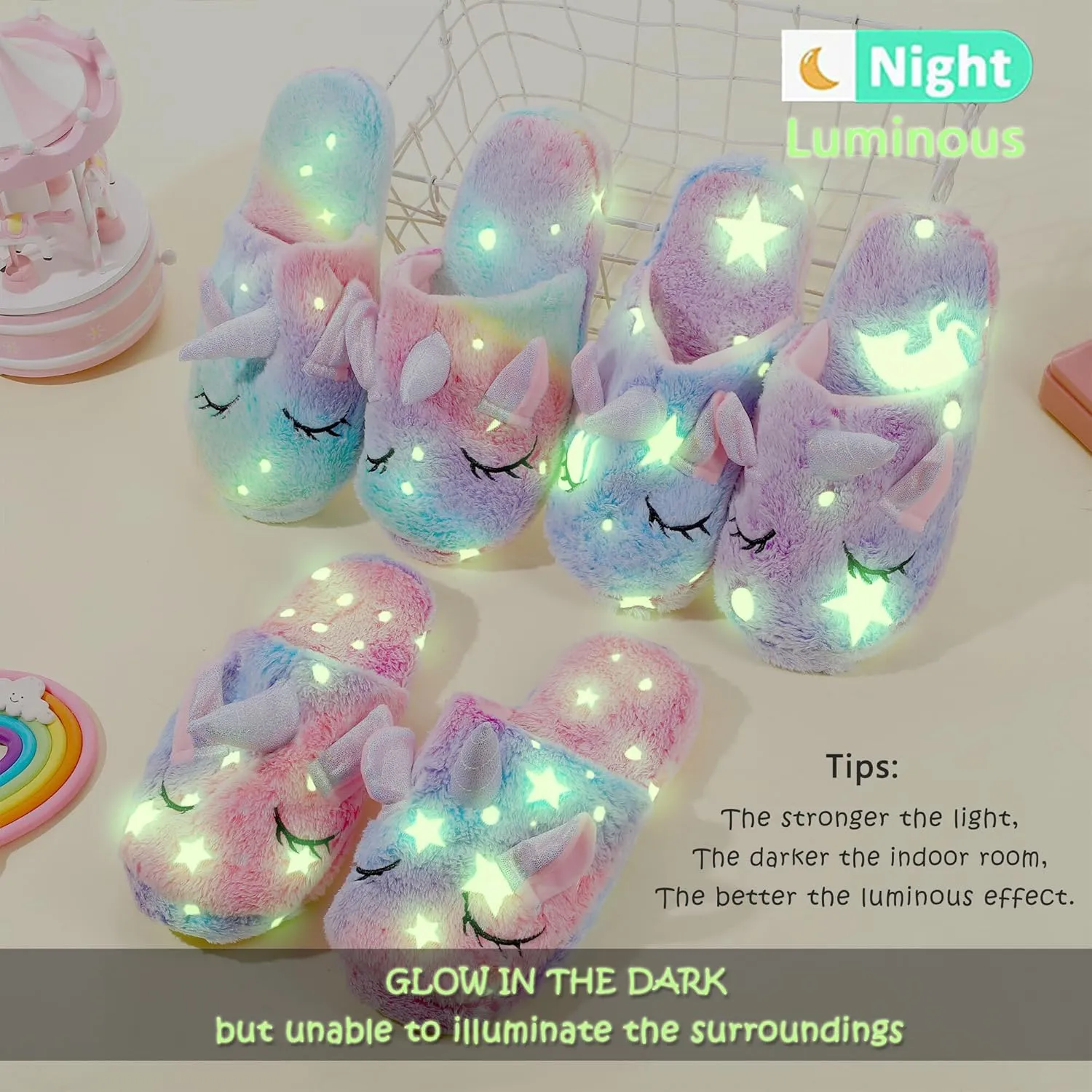 Kids Unicorn Slippers for Boys Girls Toddler Fuzzy Slippers Children House Slippers with Anti Slip Soles Glow in the Dark