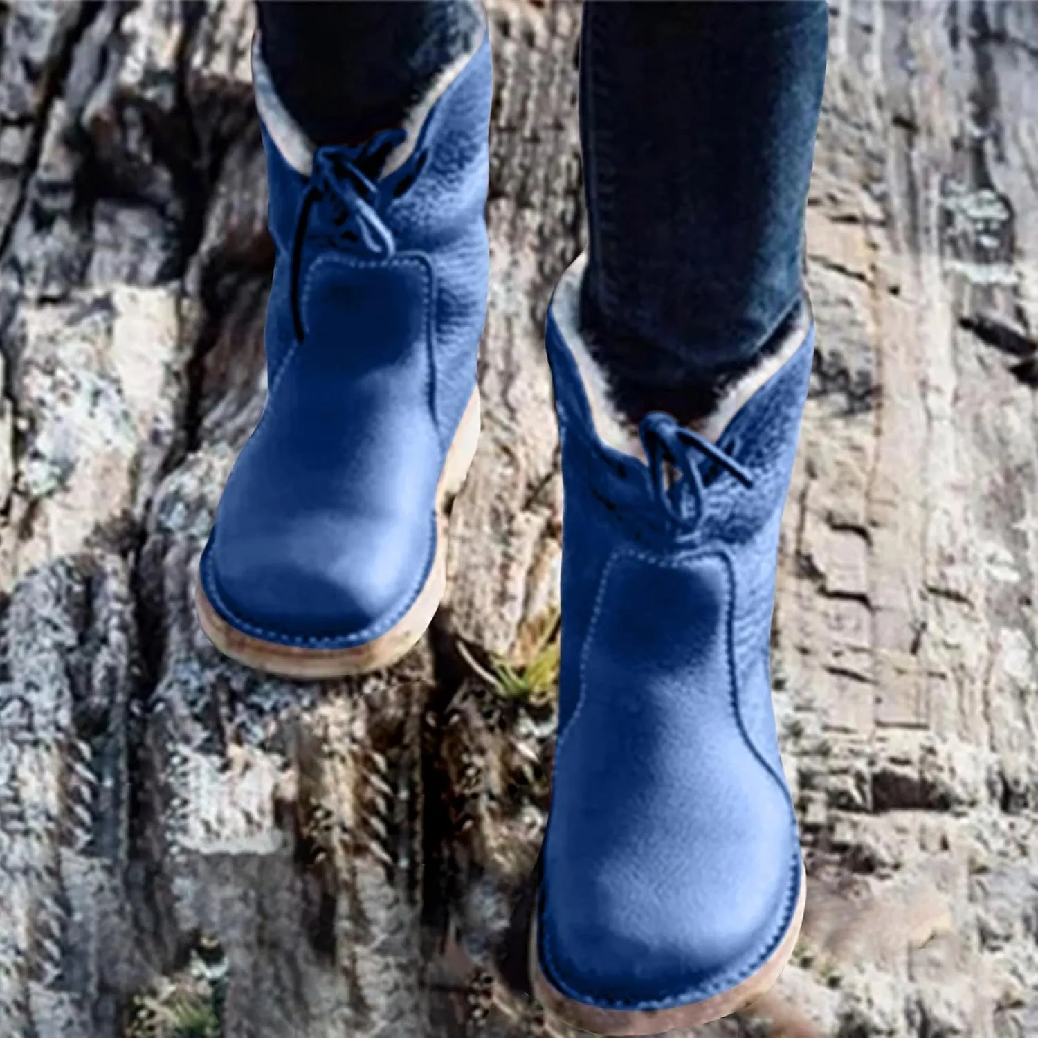 Leather Water Proof Insulated Boots for Women Fashionable Solid Mid Calf Boots Fleece Lined Puffy Snow Boots for Women
