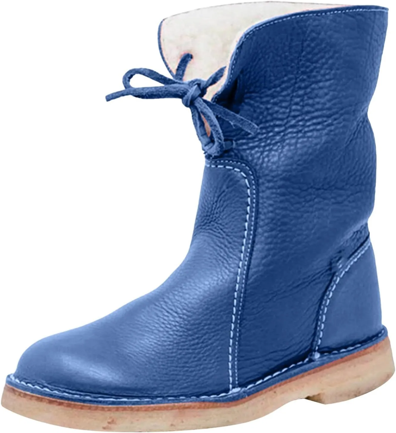 Leather Water Proof Insulated Boots for Women Fashionable Solid Mid Calf Boots Fleece Lined Puffy Snow Boots for Women