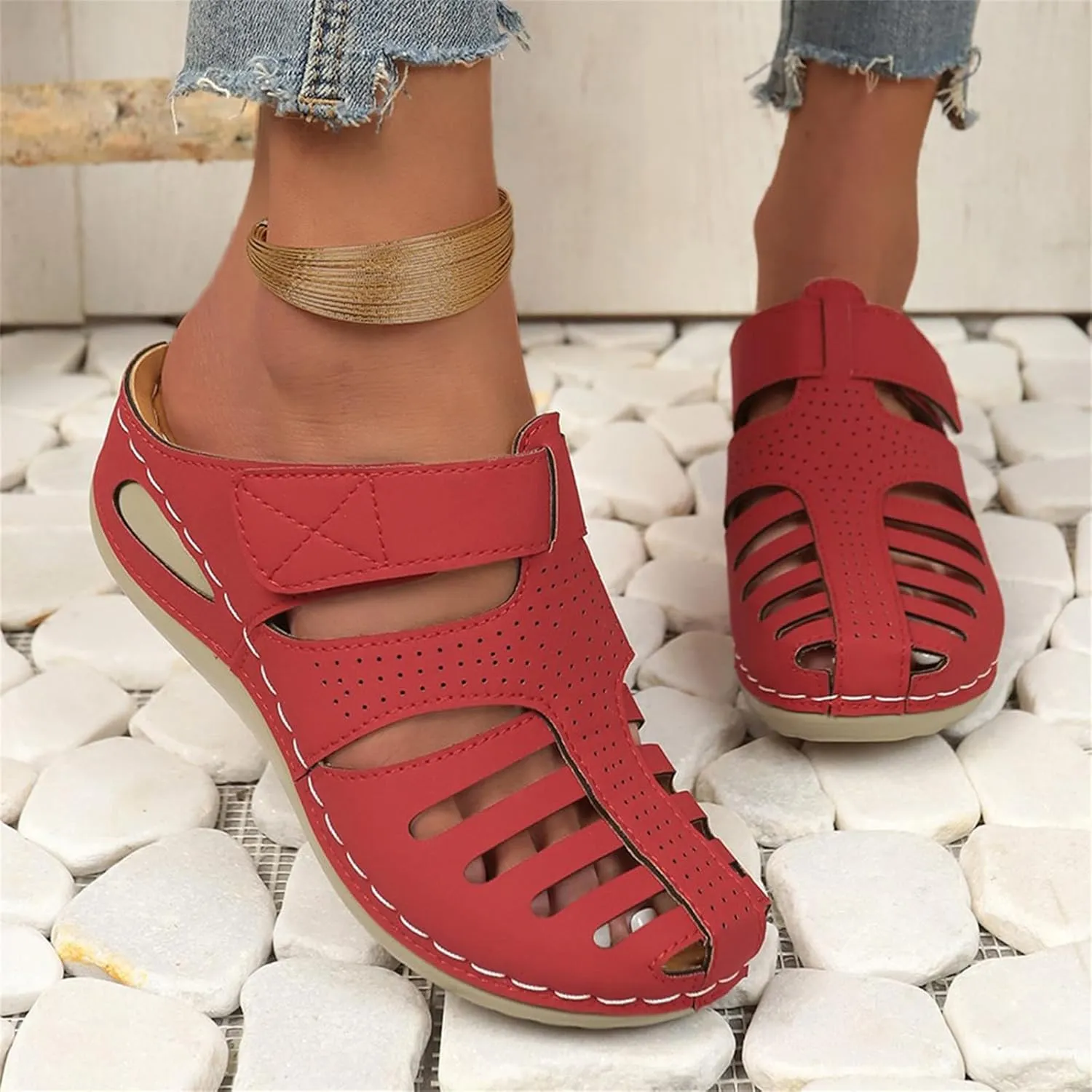 Orthopedic Sandals for Women Comfortable Dressy Closed Toe Platform Sandals Adjustable Strap with Cushioned Insole Slippers for Plantar Fasciitis