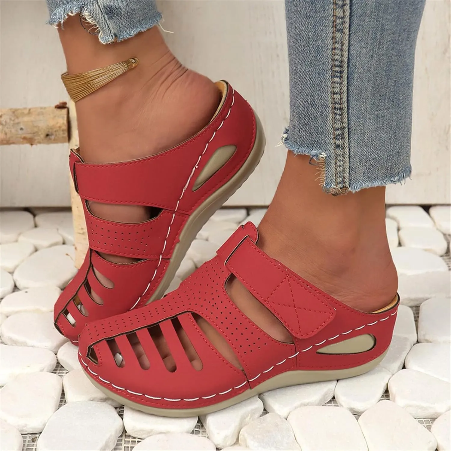 Orthopedic Sandals for Women Comfortable Dressy Closed Toe Platform Sandals Adjustable Strap with Cushioned Insole Slippers for Plantar Fasciitis