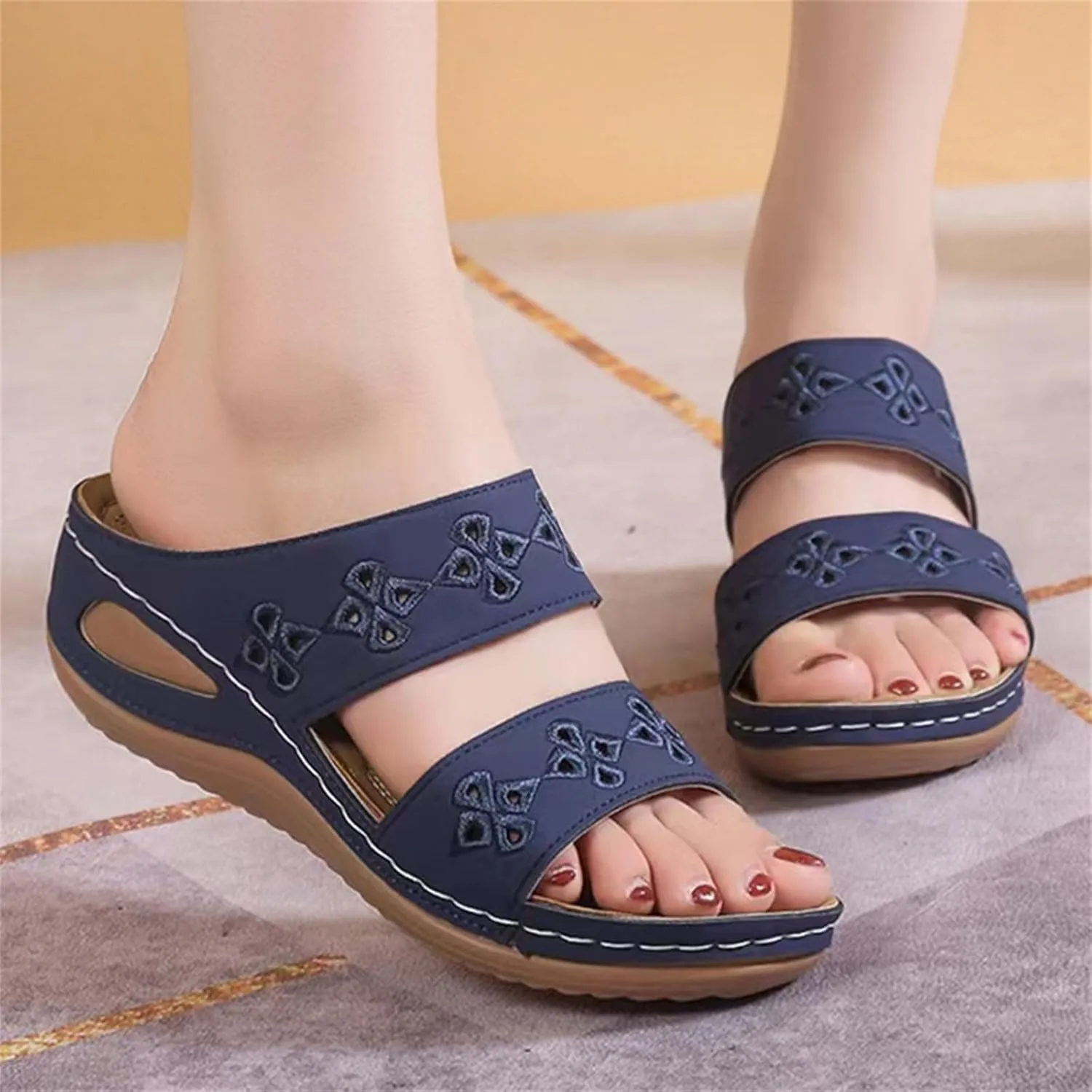 Orthopedic Wedge Sandals for Women 2025 Comfortable Soft Leather Slides Sandals Hollow Out Open Toe Slippers with Arch Support Rubber Sole Beach Walking Shoes