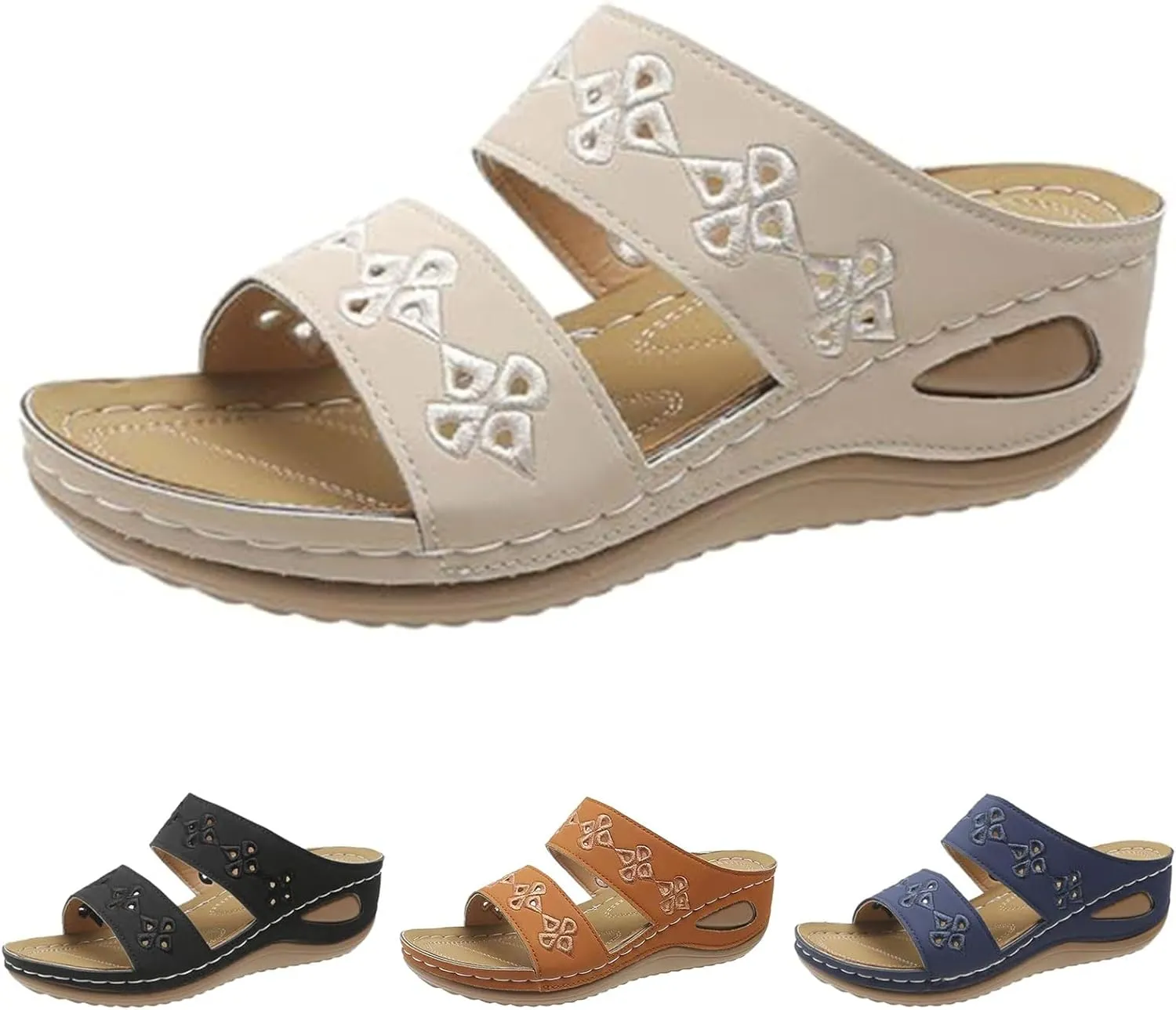 Orthopedic Wedge Sandals for Women 2025 Comfortable Soft Leather Slides Sandals Hollow Out Open Toe Slippers with Arch Support Rubber Sole Beach Walking Shoes