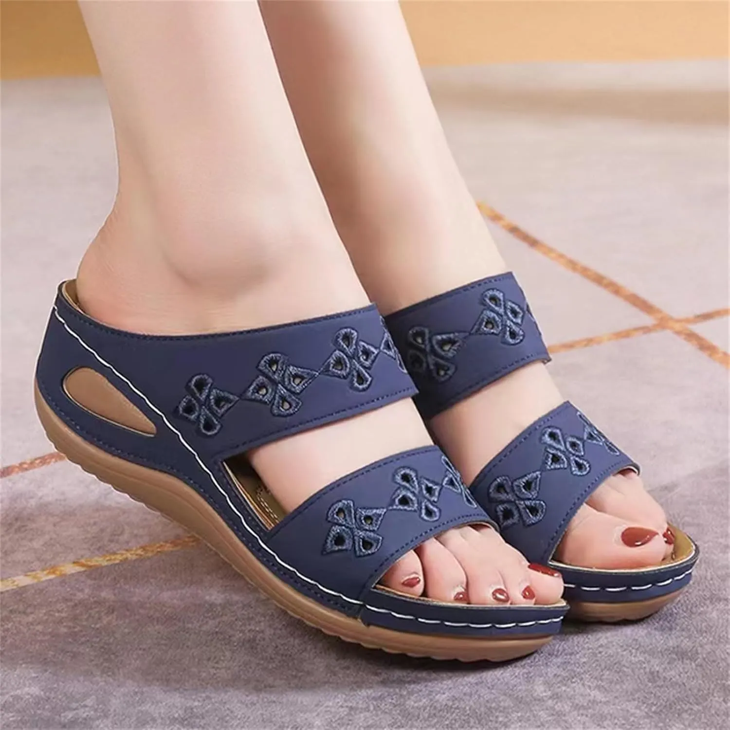 Orthopedic Wedge Sandals for Women 2025 Comfortable Soft Leather Slides Sandals Hollow Out Open Toe Slippers with Arch Support Rubber Sole Beach Walking Shoes