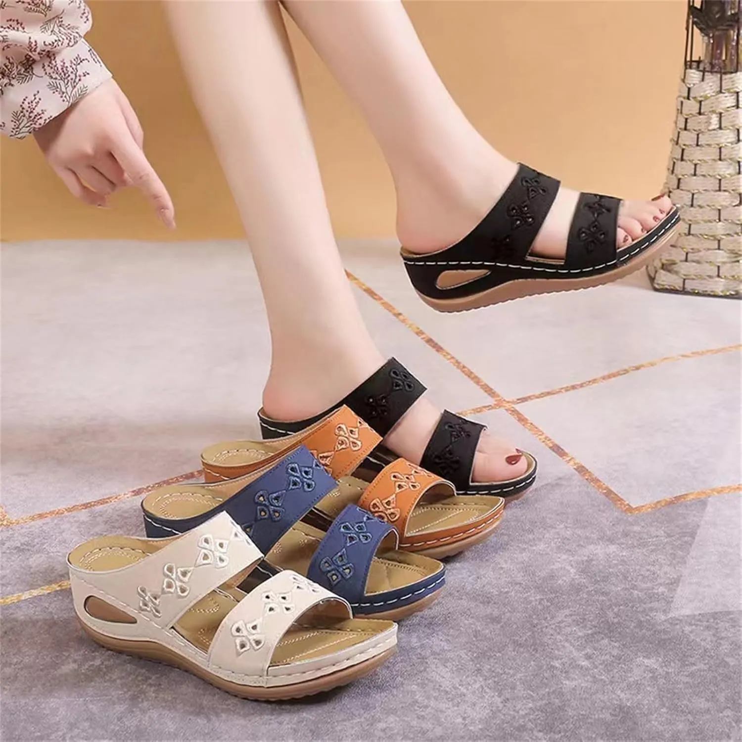 Orthopedic Wedge Sandals for Women 2025 Comfortable Soft Leather Slides Sandals Hollow Out Open Toe Slippers with Arch Support Rubber Sole Beach Walking Shoes