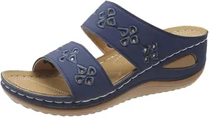 Orthopedic Wedge Sandals for Women 2025 Comfortable Soft Leather Slides Sandals Hollow Out Open Toe Slippers with Arch Support Rubber Sole Beach Walking Shoes
