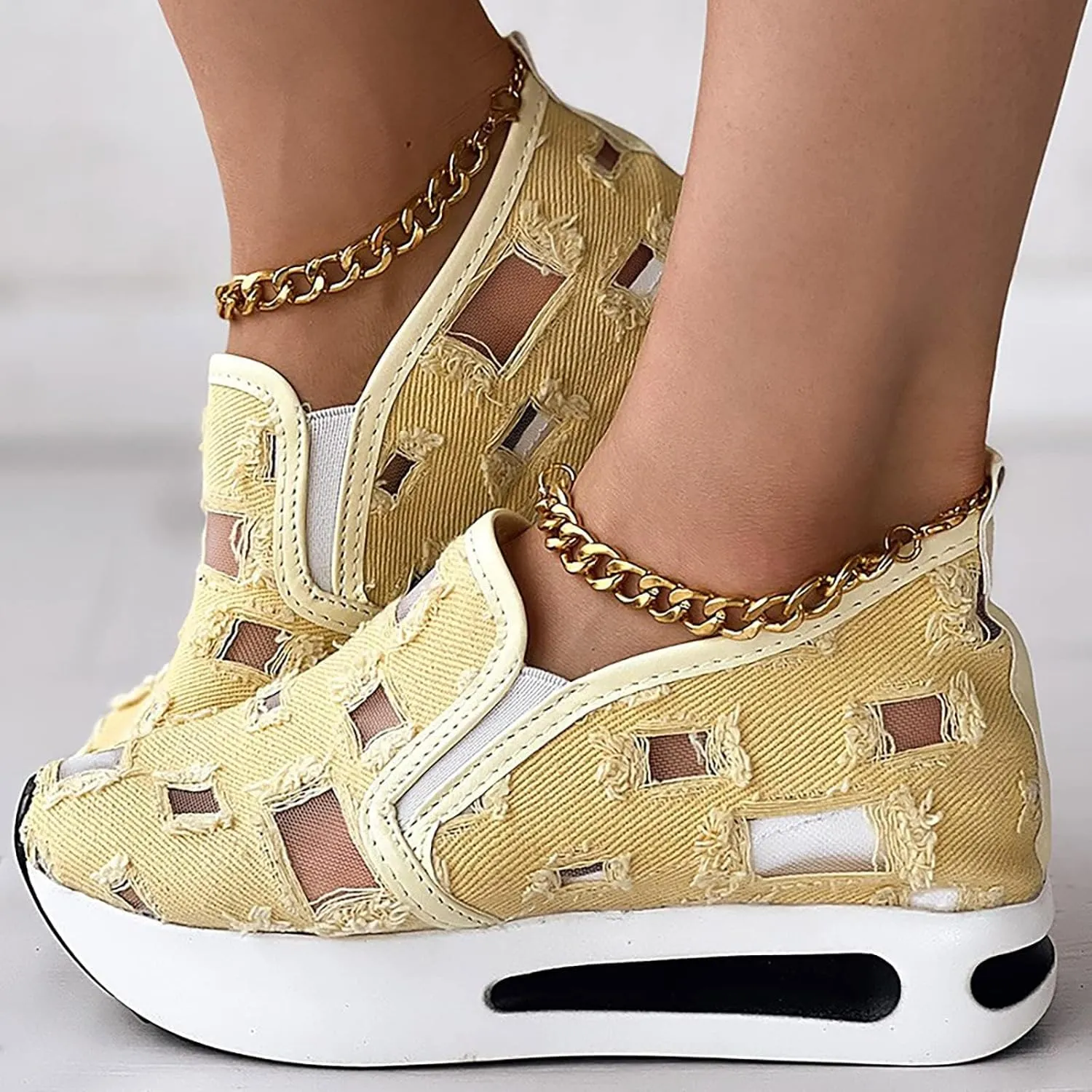 Platform Wedge Sneakers for Women Floral Embroidery Breathable Sheer Mesh Lace Sneakers Mesh Air Comfort Chunky Sole Hidden High Heels Slip On Loafers Dressy Casual Walking Shoes