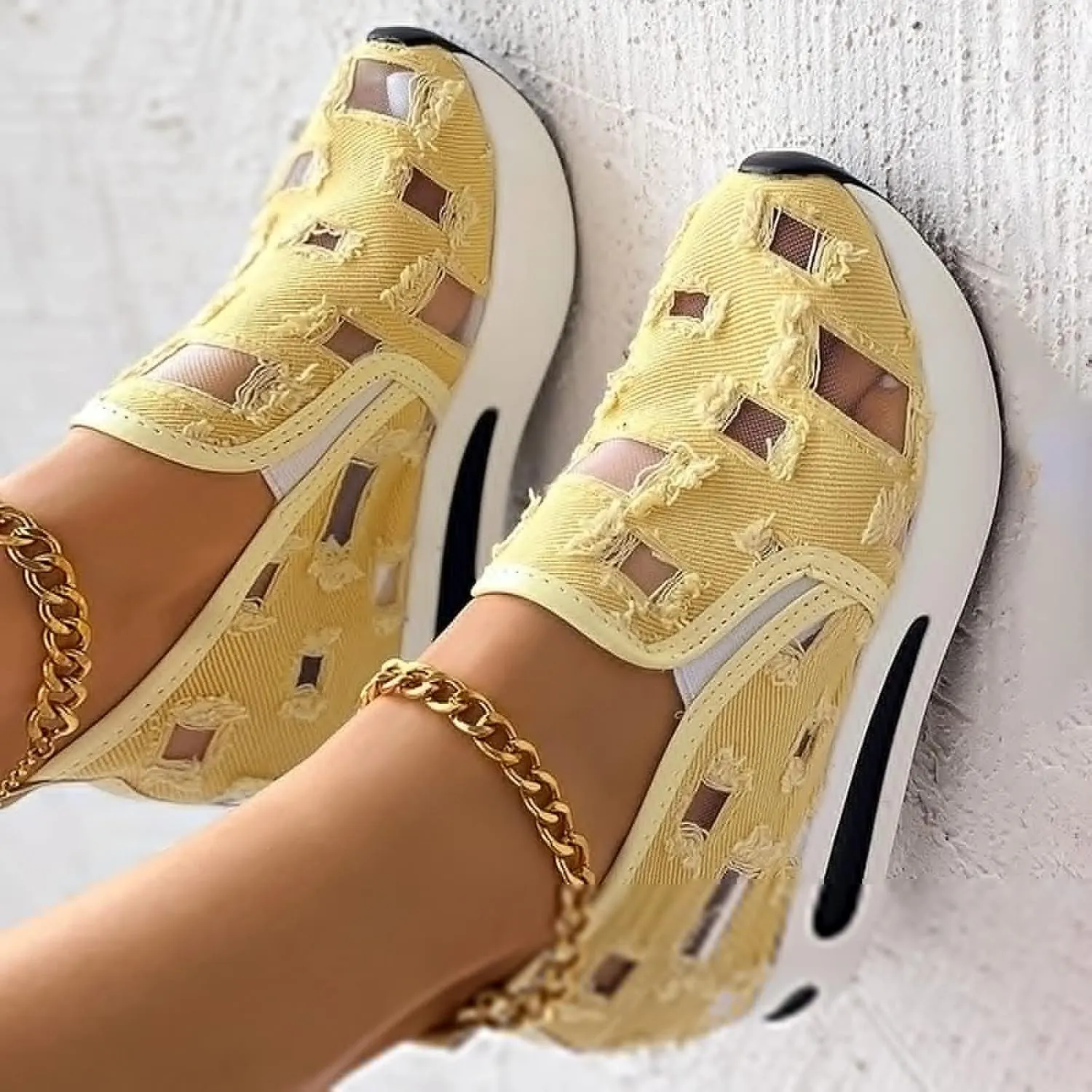 Platform Wedge Sneakers for Women Floral Embroidery Breathable Sheer Mesh Lace Sneakers Mesh Air Comfort Chunky Sole Hidden High Heels Slip On Loafers Dressy Casual Walking Shoes