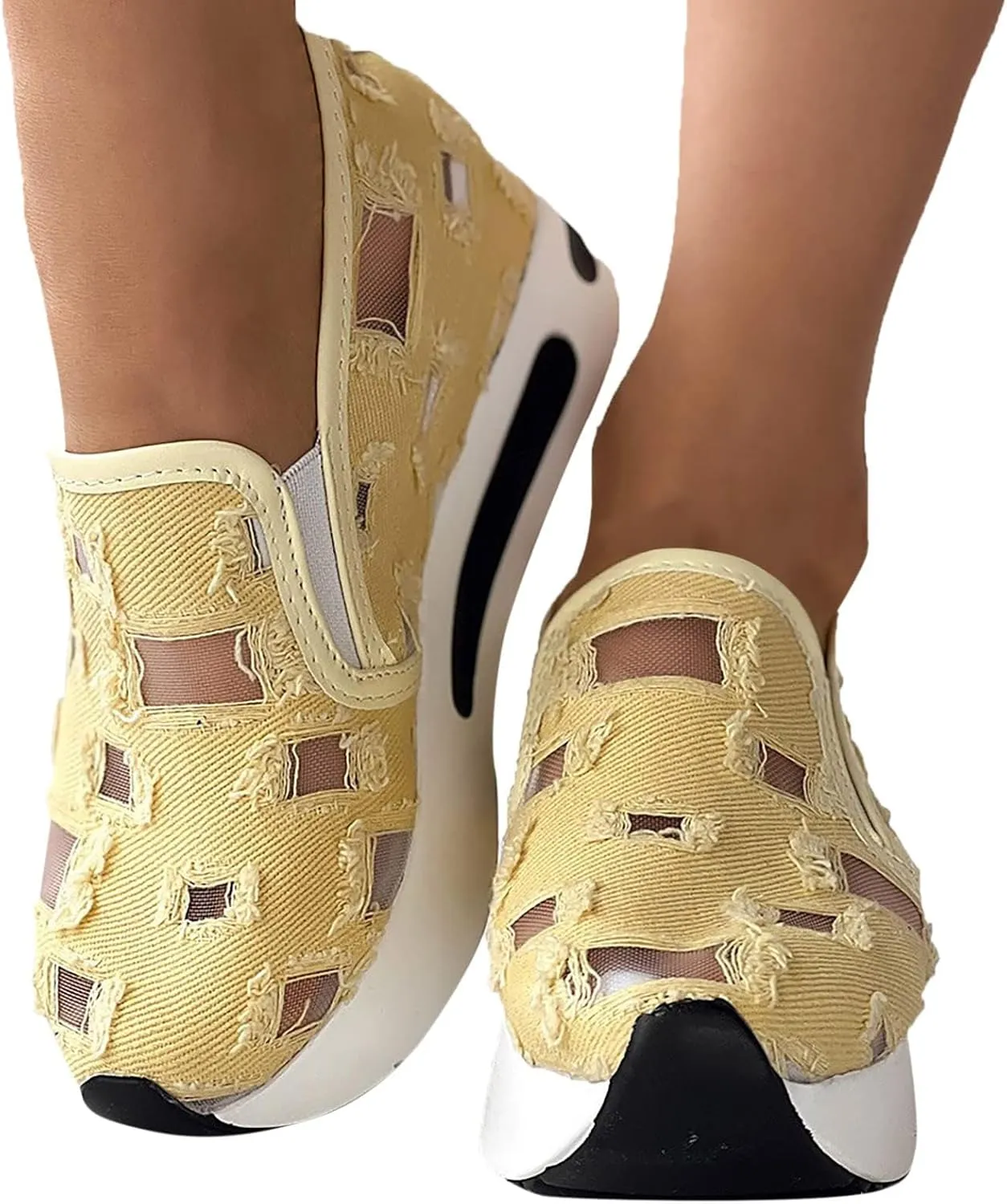 Platform Wedge Sneakers for Women Floral Embroidery Breathable Sheer Mesh Lace Sneakers Mesh Air Comfort Chunky Sole Hidden High Heels Slip On Loafers Dressy Casual Walking Shoes