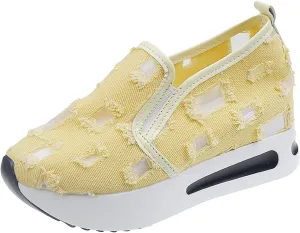 Platform Wedge Sneakers for Women Floral Embroidery Breathable Sheer Mesh Lace Sneakers Mesh Air Comfort Chunky Sole Hidden High Heels Slip On Loafers Dressy Casual Walking Shoes