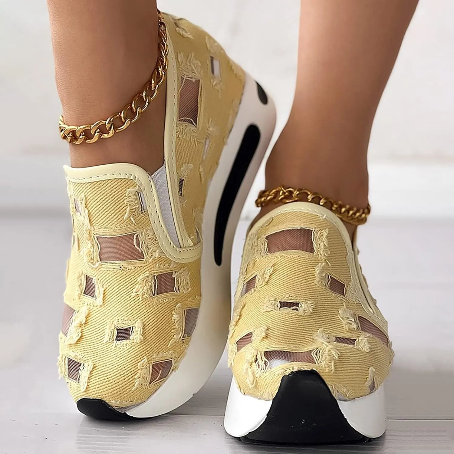 Platform Wedge Sneakers for Women Floral Embroidery Breathable Sheer Mesh Lace Sneakers Mesh Air Comfort Chunky Sole Hidden High Heels Slip On Loafers Dressy Casual Walking Shoes