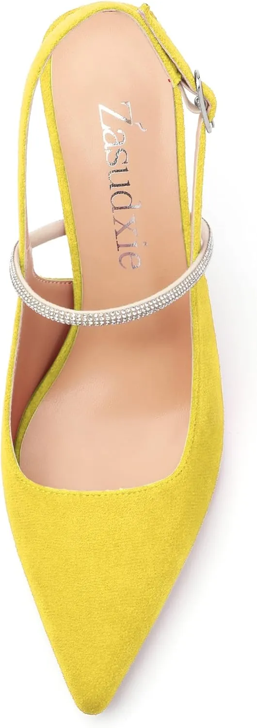 Purple Women's Slingback Kitten Heels, Rhinestone Ankle Strap, 3.35 Inch Heel, Pointed Toe, Suede, Wedding, Prom, Party Shoes