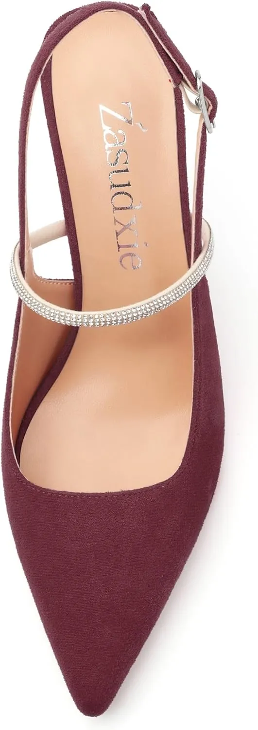Purple Women's Slingback Kitten Heels, Rhinestone Ankle Strap, 3.35 Inch Heel, Pointed Toe, Suede, Wedding, Prom, Party Shoes