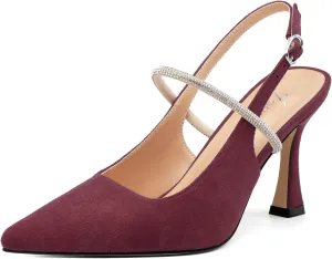Purple Women's Slingback Kitten Heels, Rhinestone Ankle Strap, 3.35 Inch Heel, Pointed Toe, Suede, Wedding, Prom, Party Shoes