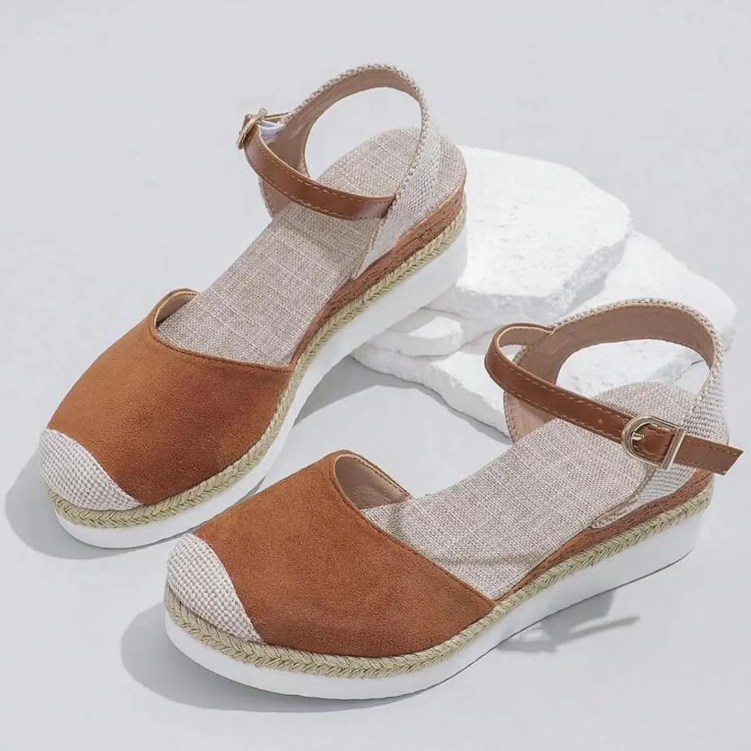 Sandals for Women Closed Toe Crisscross Elastic Ankle Strap Platform Espadrille Wedge Sandals Adjustable Buckle Flat Slide Sandals Canvas Wedge Sandals