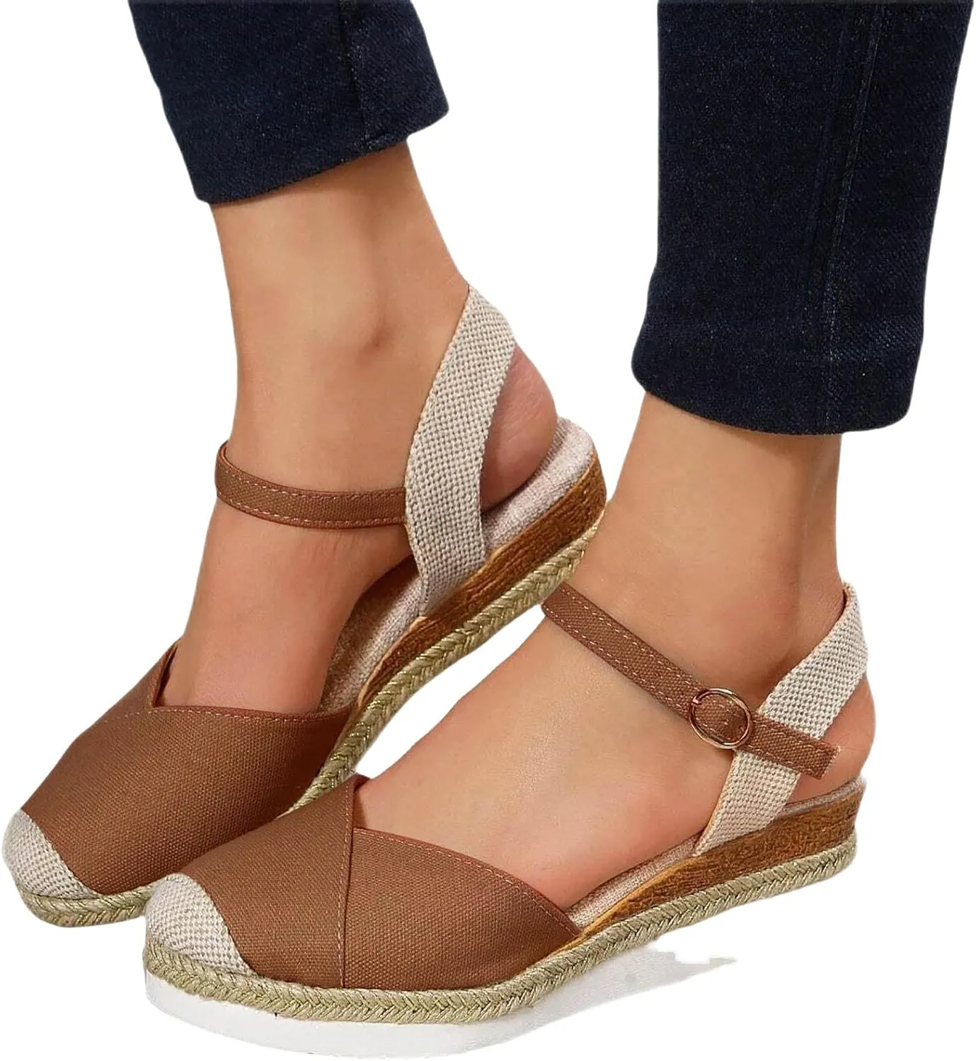 Sandals for Women Closed Toe Crisscross Elastic Ankle Strap Platform Espadrille Wedge Sandals Adjustable Buckle Flat Slide Sandals Canvas Wedge Sandals