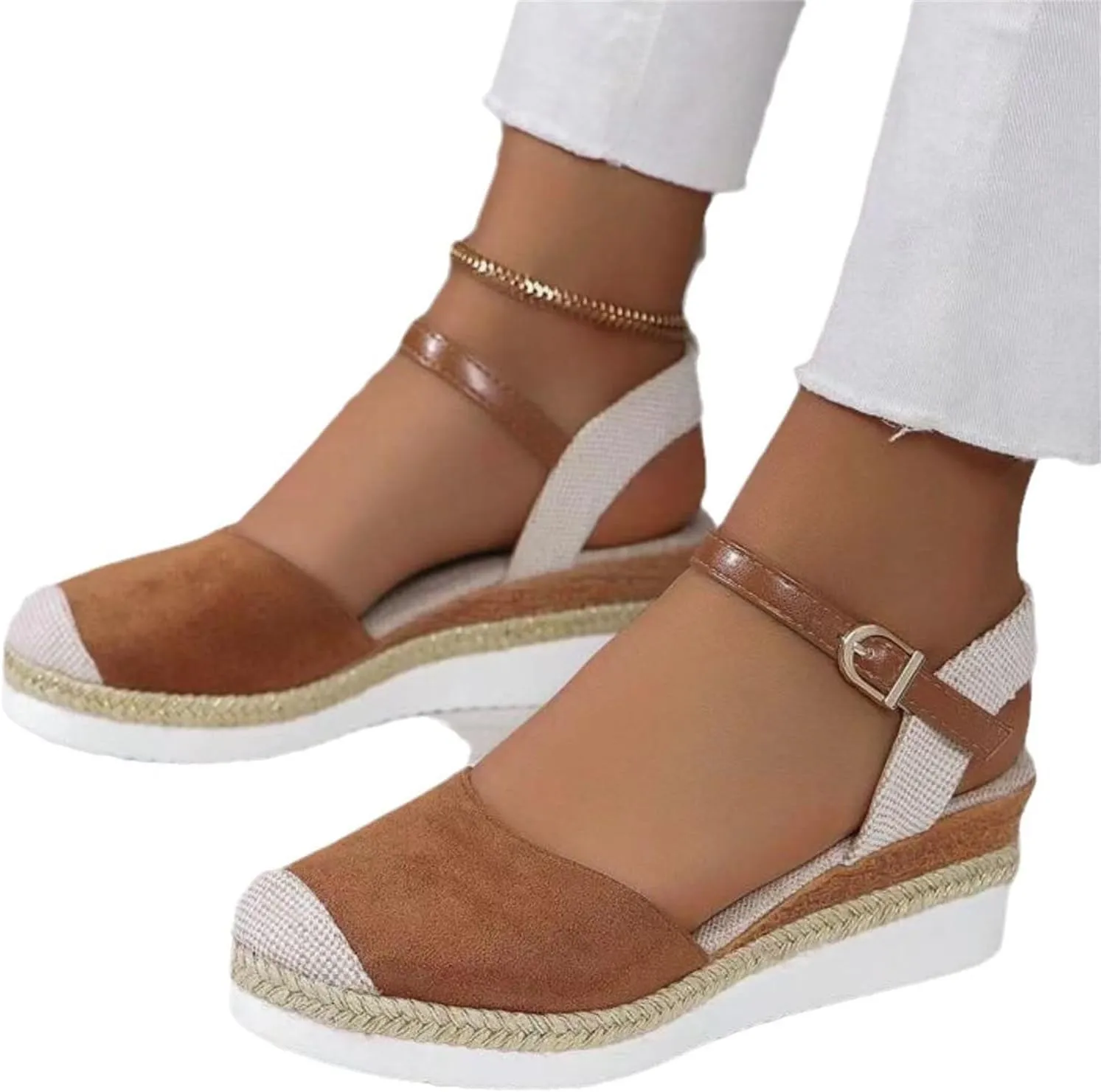Sandals for Women Closed Toe Crisscross Elastic Ankle Strap Platform Espadrille Wedge Sandals Adjustable Buckle Flat Slide Sandals Canvas Wedge Sandals