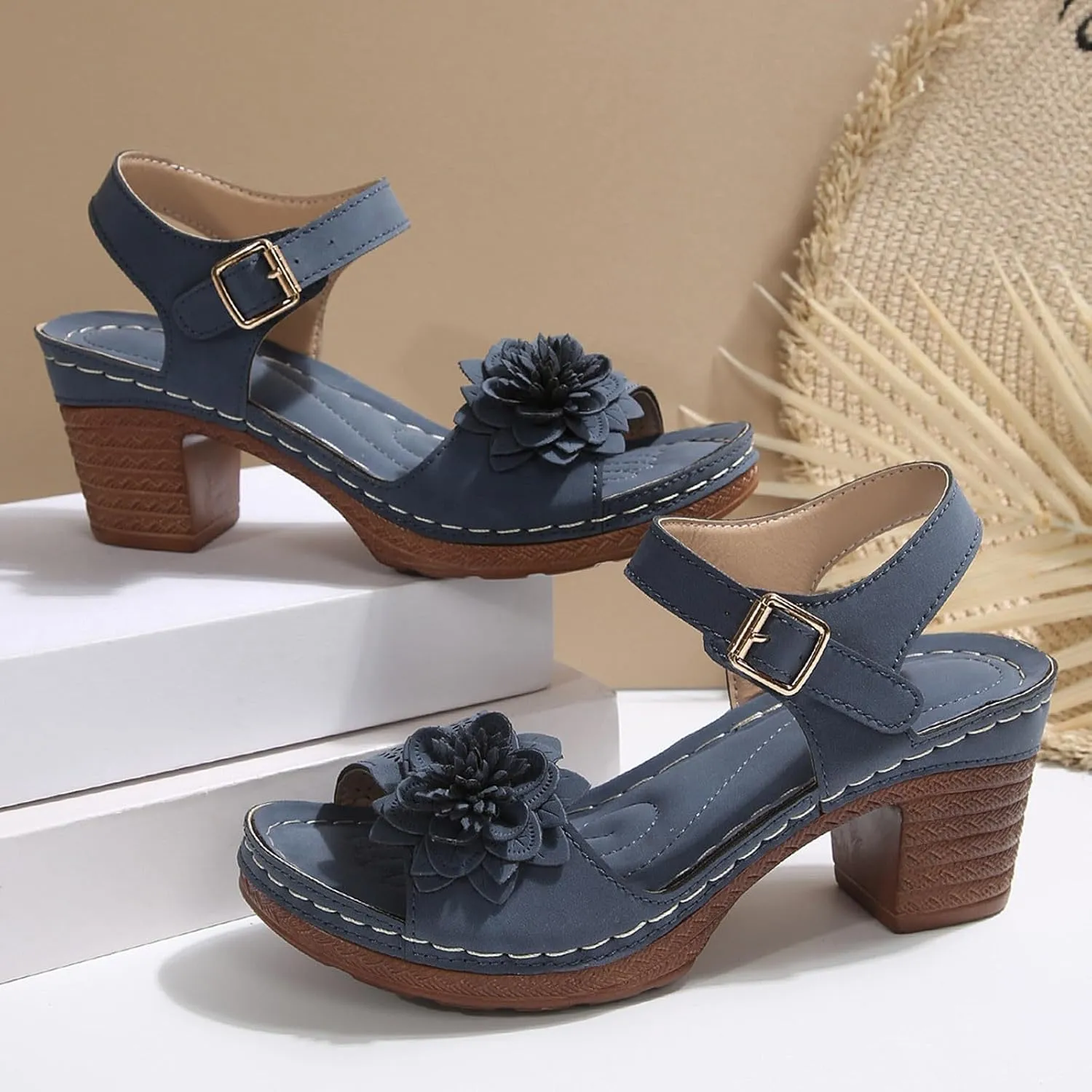 Sandals for Women Wedge Shoes Open Toe Low Chunky Short Heels Ankle Strap Block Heel Sandals Platform Summer Casual Hollow Out Breathable Shoes