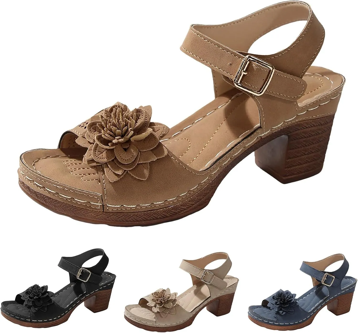 Sandals for Women Wedge Shoes Open Toe Low Chunky Short Heels Ankle Strap Block Heel Sandals Platform Summer Casual Hollow Out Breathable Shoes