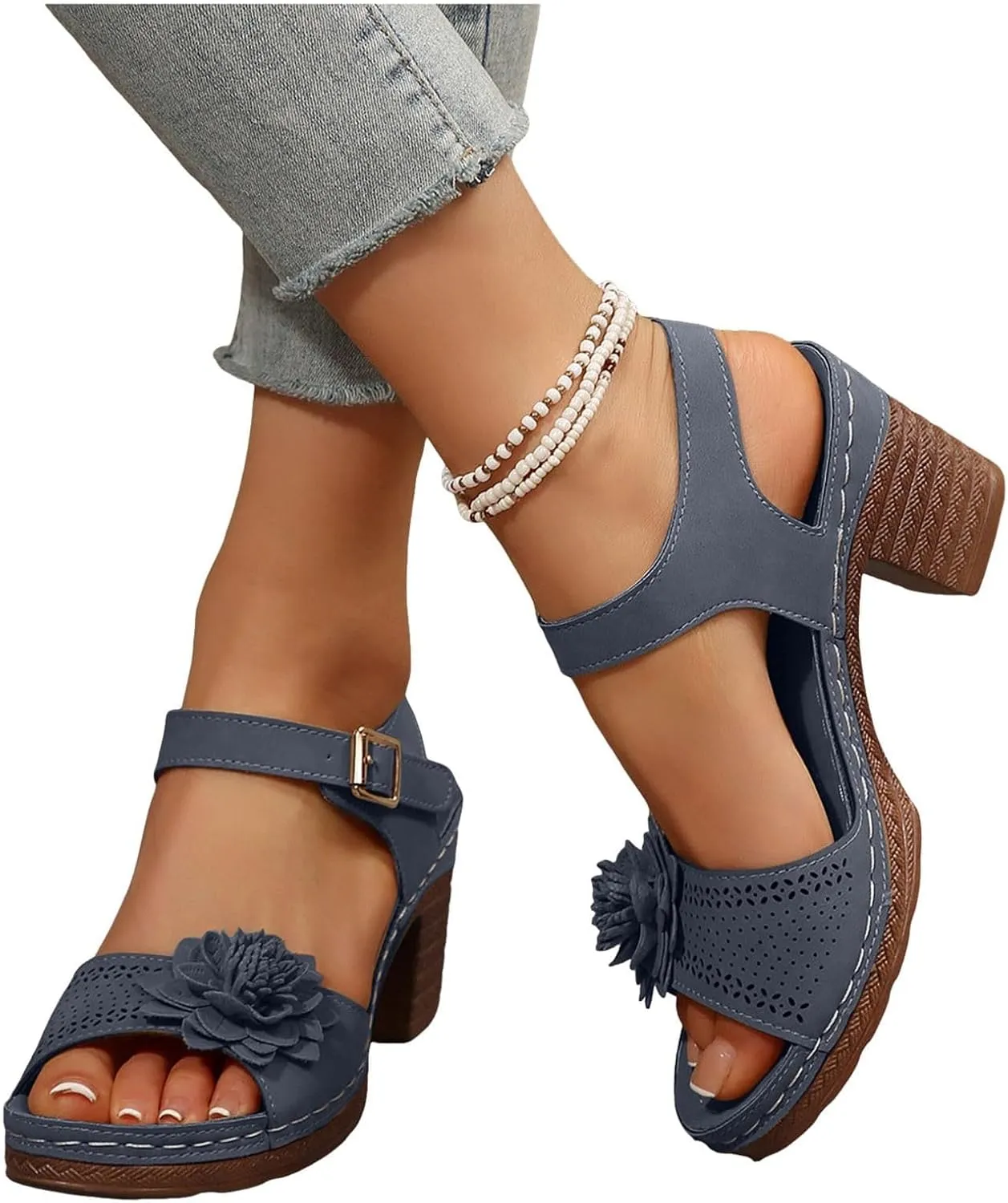 Sandals for Women Wedge Shoes Open Toe Low Chunky Short Heels Ankle Strap Block Heel Sandals Platform Summer Casual Hollow Out Breathable Shoes