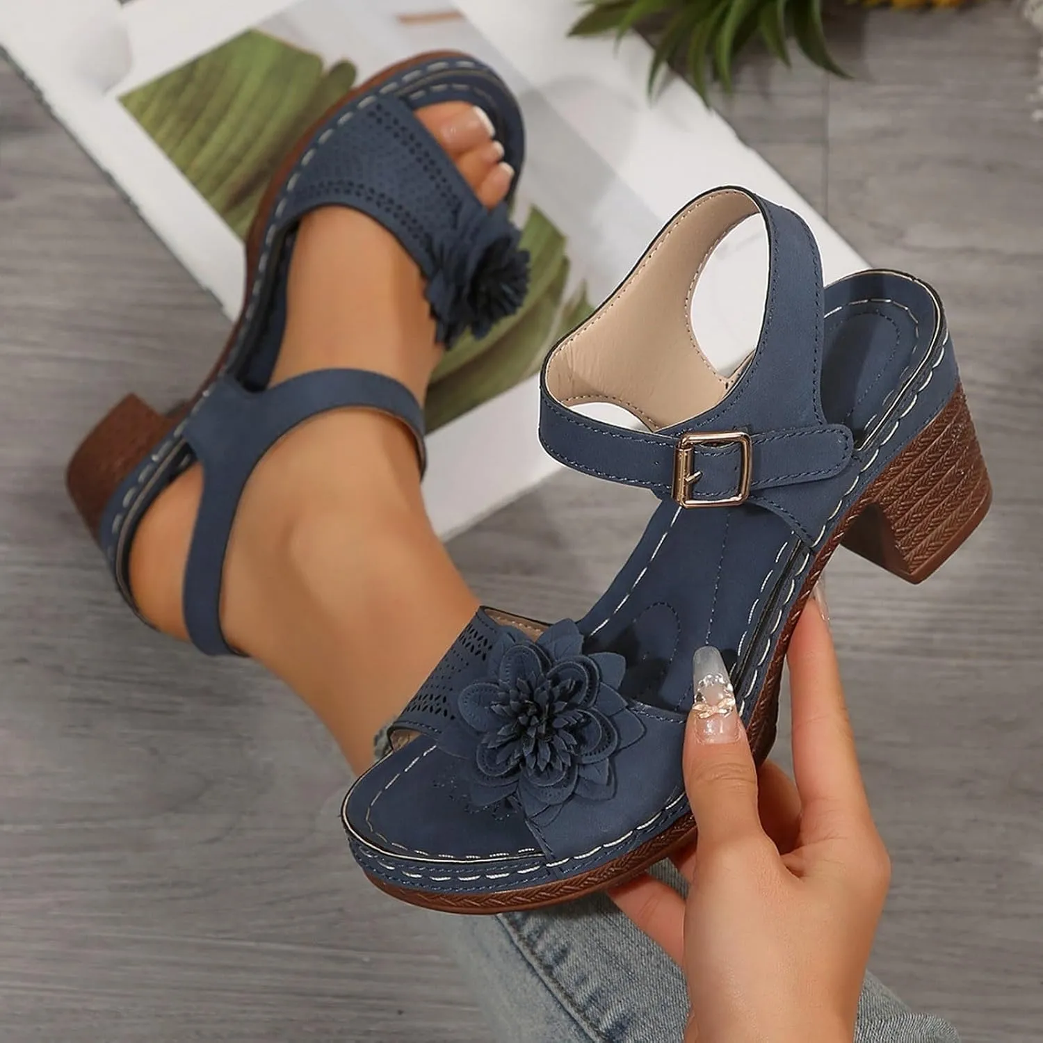 Sandals for Women Wedge Shoes Open Toe Low Chunky Short Heels Ankle Strap Block Heel Sandals Platform Summer Casual Hollow Out Breathable Shoes