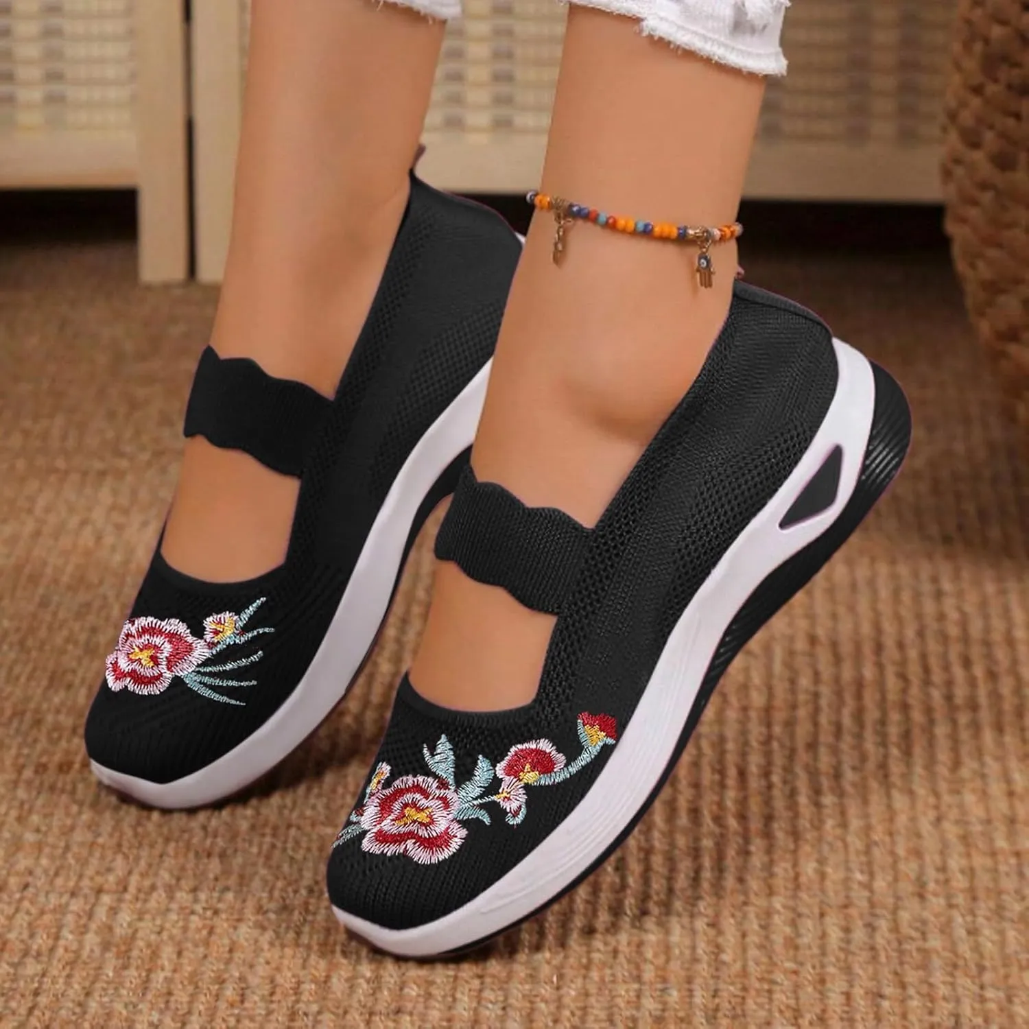 Slip On Shoes for Women Fashion Printed Labor Work Shoes Hook and Loop Strap Walking Shoes Arch Support Shoes